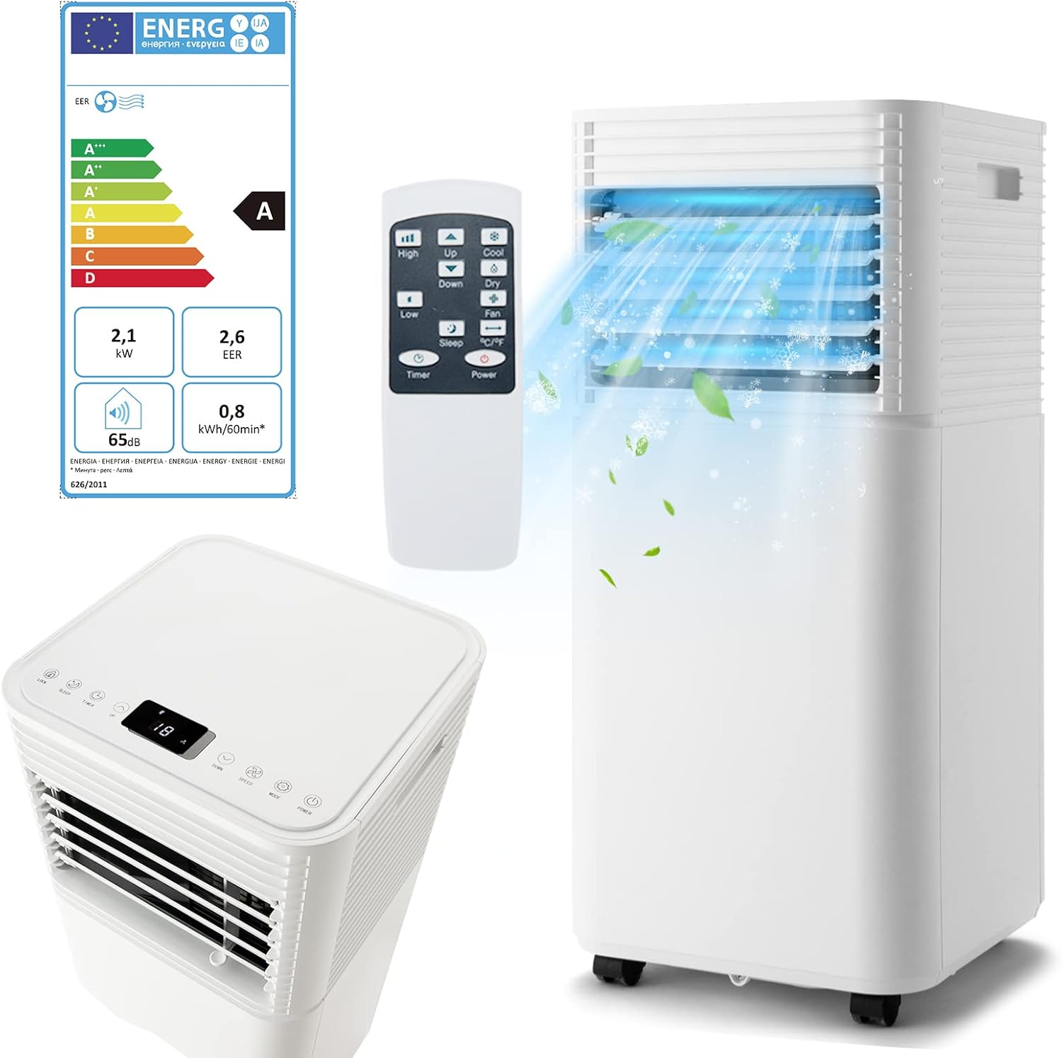 RELAX4LIFE Climatiseur Mobile Silencieux 9000BTU, Climatiseur Portable 4 en 1, Refroidisseur d'Air, Ventilateur, Déshumidificateur, Mode Nuit, 15-20㎡, Télécommande, Minuterie 24H, Classe Energie A