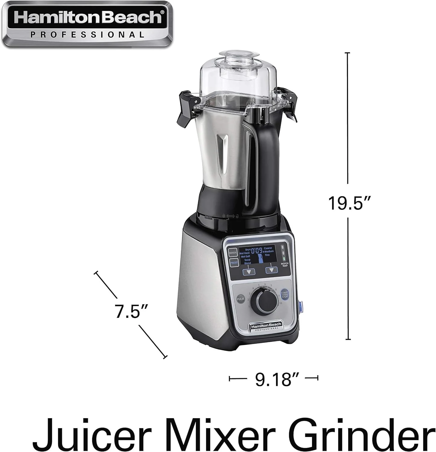Hamilton Beach Professional 4-in-1 Juicer Mixer Grinder, Commercial-Grade 1400 Watt Motor, 120V, 3 Leakproof Jars, For Wet and Dry Spices, Chutneys and Curries, Engineered in India & USA (58770)