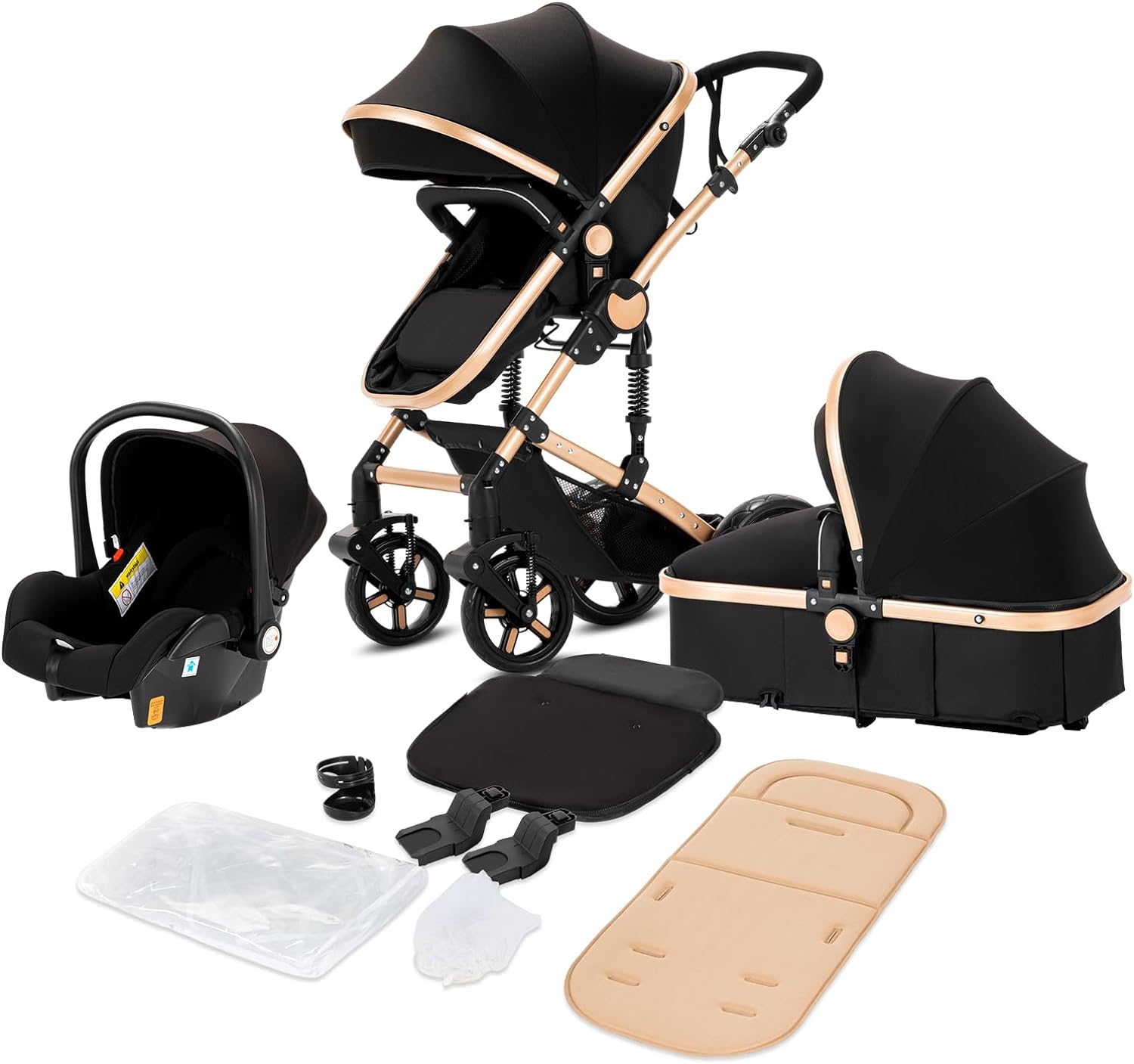Magic ZC Poussette 3 en 1, Poussette Bebe avec Conception Portable Pliable en Un Clic, Pousette 3 en 1 avec Poussée Réversible Bidirectionnelle, Poussette Trio avec Accessoires (black gold 588)