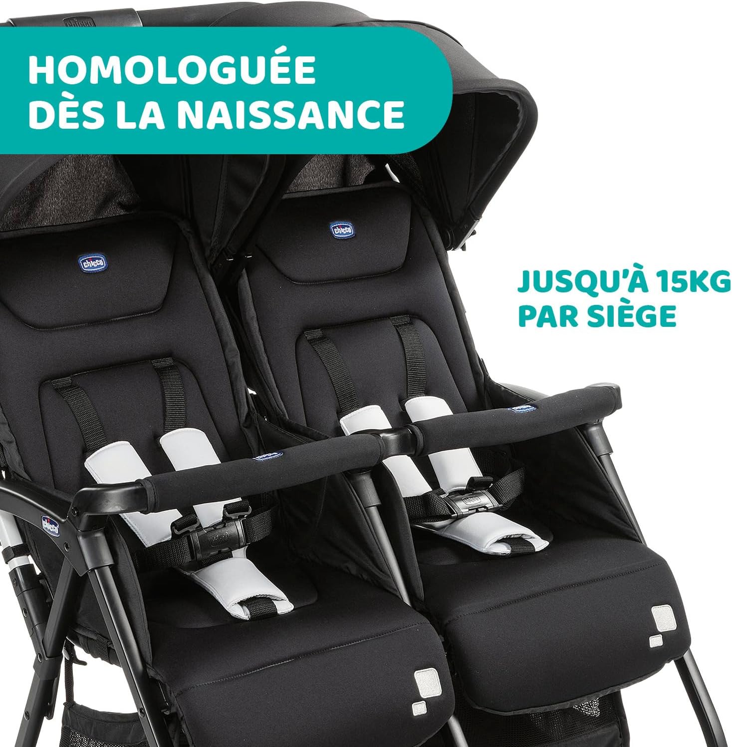 Chicco OHlalà Poussette Canne Double, Légère Inclinable et Pliable, Poussette pour Jumeaux de la Naissance à 15 kg, Fermeture Compacte, Inclus une Housse de Pluie, Capote Extensible - black night