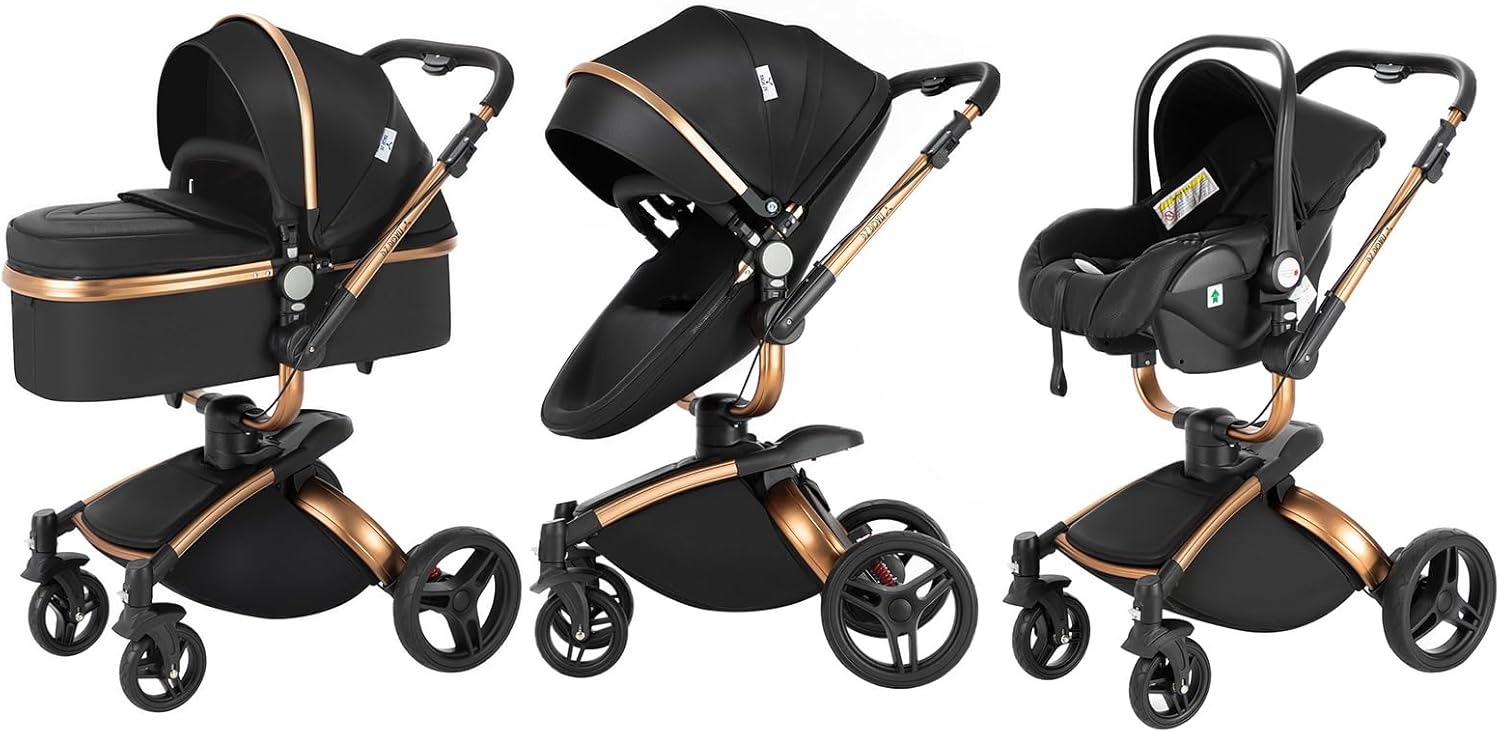 Magic ZC Poussette 3 en 1, Poussette Bebe avec Conception Portable Pliable en Un Clic, Pousette 3 en 1 avec Poussée Réversible Bidirectionnelle, Poussette Trio avec Accessoires (black gold 588)