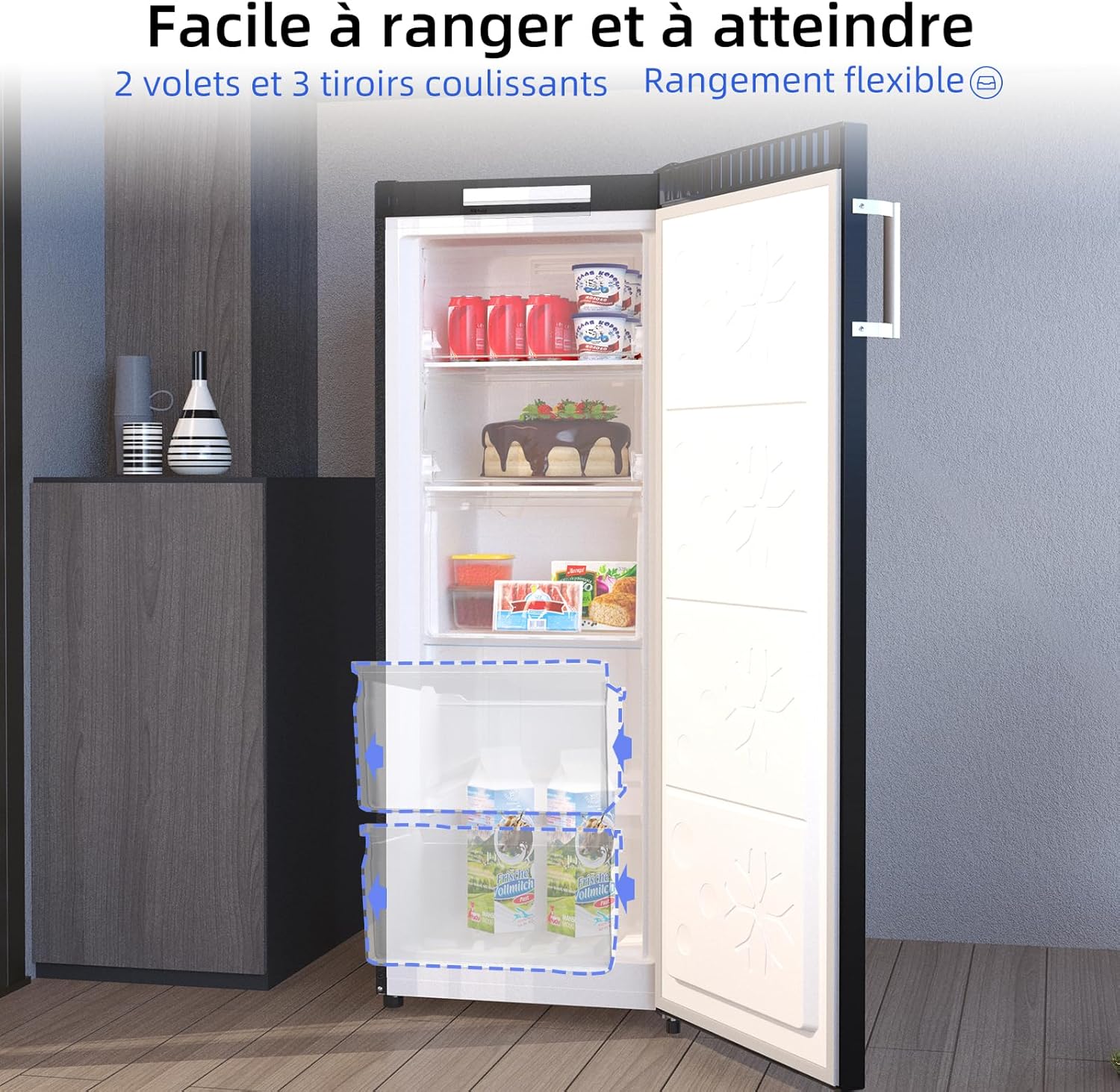 CHiQ Congélateur armoire avec une capacité de 145L, Congélation rapide, Thermostat réglable, Silencieux, Porte réversible, Noir, Classe énergétique E FSD160D4E