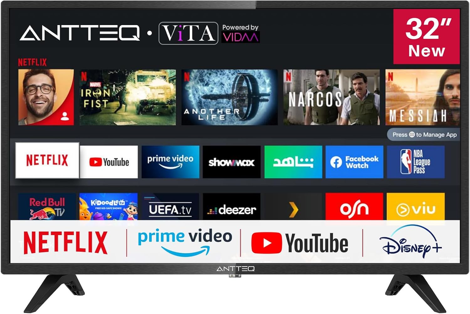 Antteq AB42D1 télévision 42 Pouces (TV 107 cm), Dolby Audio, LED, Triple Tuner DVB-C / T2 / S2, CI+, HDMI, Lecteur multimédia Via USB, Sortie Audio numérique, y Compris Mode hôtel