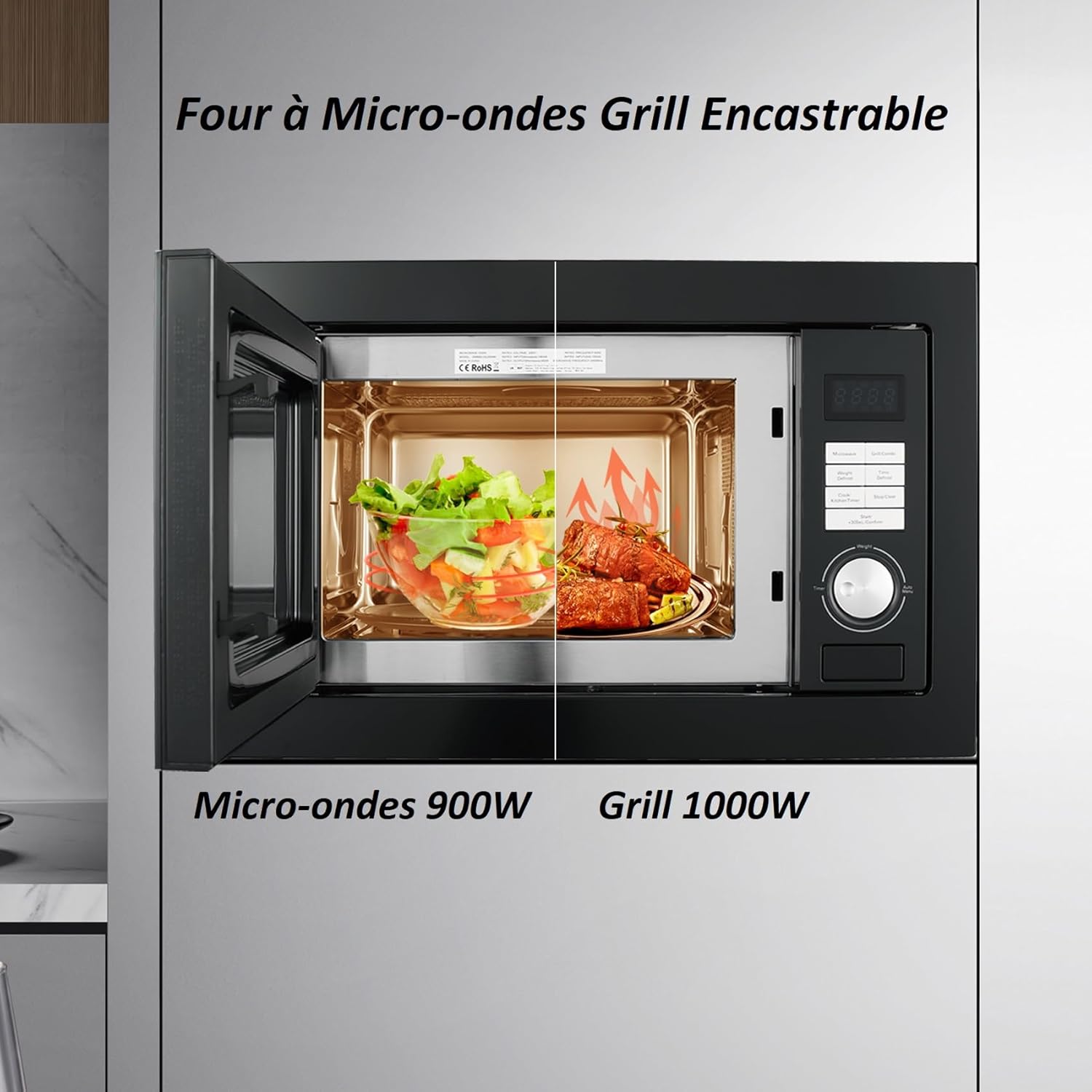 Techomey Micro-ondes Encastrable, 20L, Micro-ondes Grill Intégrable, Micro-ondes 800W, Grill 1000W, L59,5 x P34,4 x H38,8cm, Plateau Tounant 24,5cm, Noir