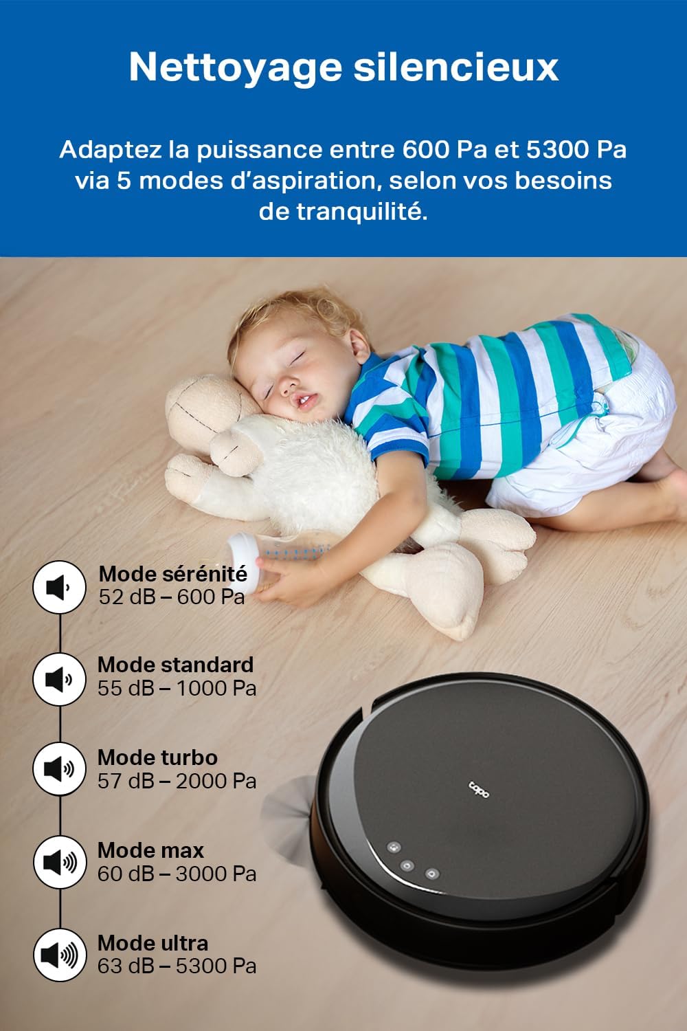 Tapo Aspirateur Robot Laveur 2 en 1 RV20Max Plus, Vidage Automatique, Silencieux Ultra Fin, Ultra puissante de 5300Pa, Navigation LiDAR, Auto-Charge Autonomie 180min, Tapis et Poils d'animaux