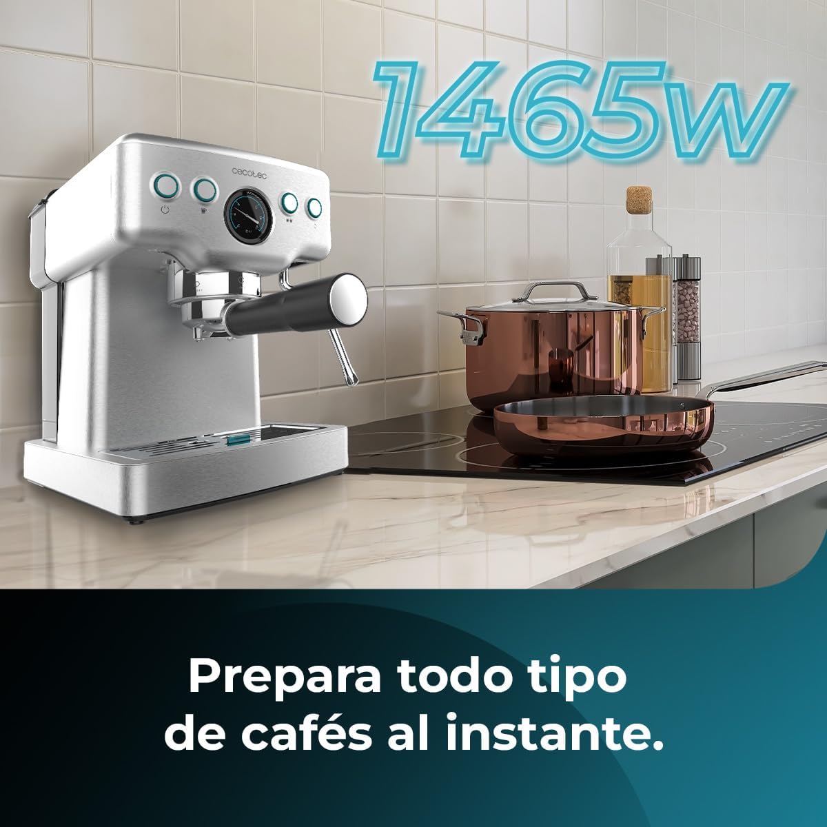 Cecotec Machine à café Express Power Espresso 20 Barista Cream. 2 Thermoblocks, 20Bars, Manomètre, Mode Auto pour 1 et 2 Café(s), Buse vapeur Orientable, Conduit pour Infusions, 2900W.