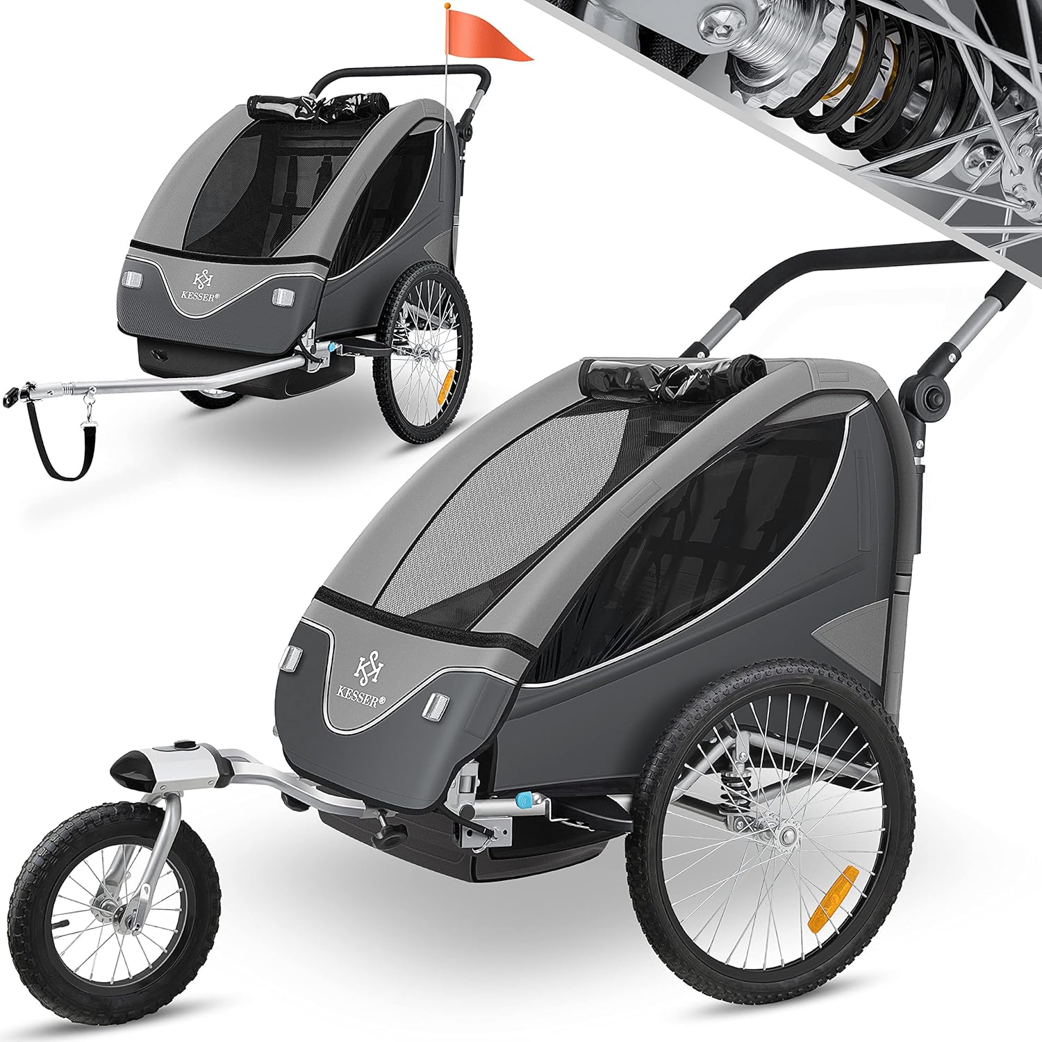 KESSER® Remorque de vélo pour enfant - Rotation à 360° - Avec suspension 2 en 1 - Fonction jogger - Remorque de vélo pour enfant - Sangle à 5 points - Pour 1 à 2 enfants - 40 kg