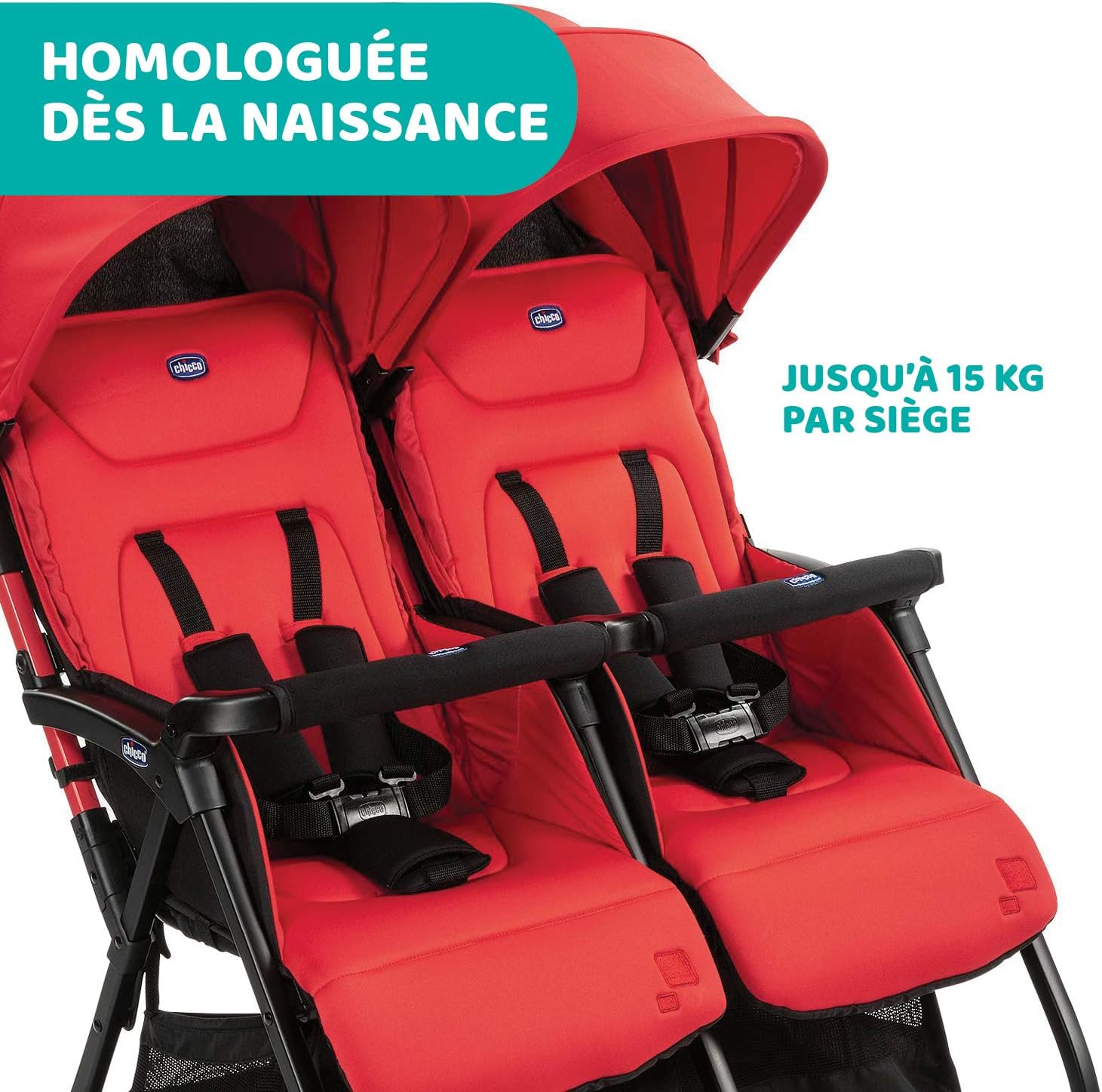 Chicco OHlalà Poussette Canne Double, Légère Inclinable et Pliable, Poussette pour Jumeaux de la Naissance à 15 kg, Fermeture Compacte, Inclus une Housse de Pluie, Capote Extensible - black night