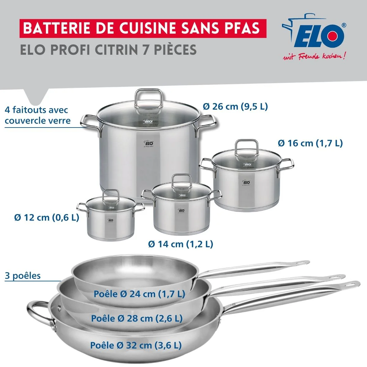 Ensemble de 3 Poêles de cuisson 24, 28 et 32 cm et 4 faitouts 12, 14, 16 et 26 cm Elo Profi Citrin Elo