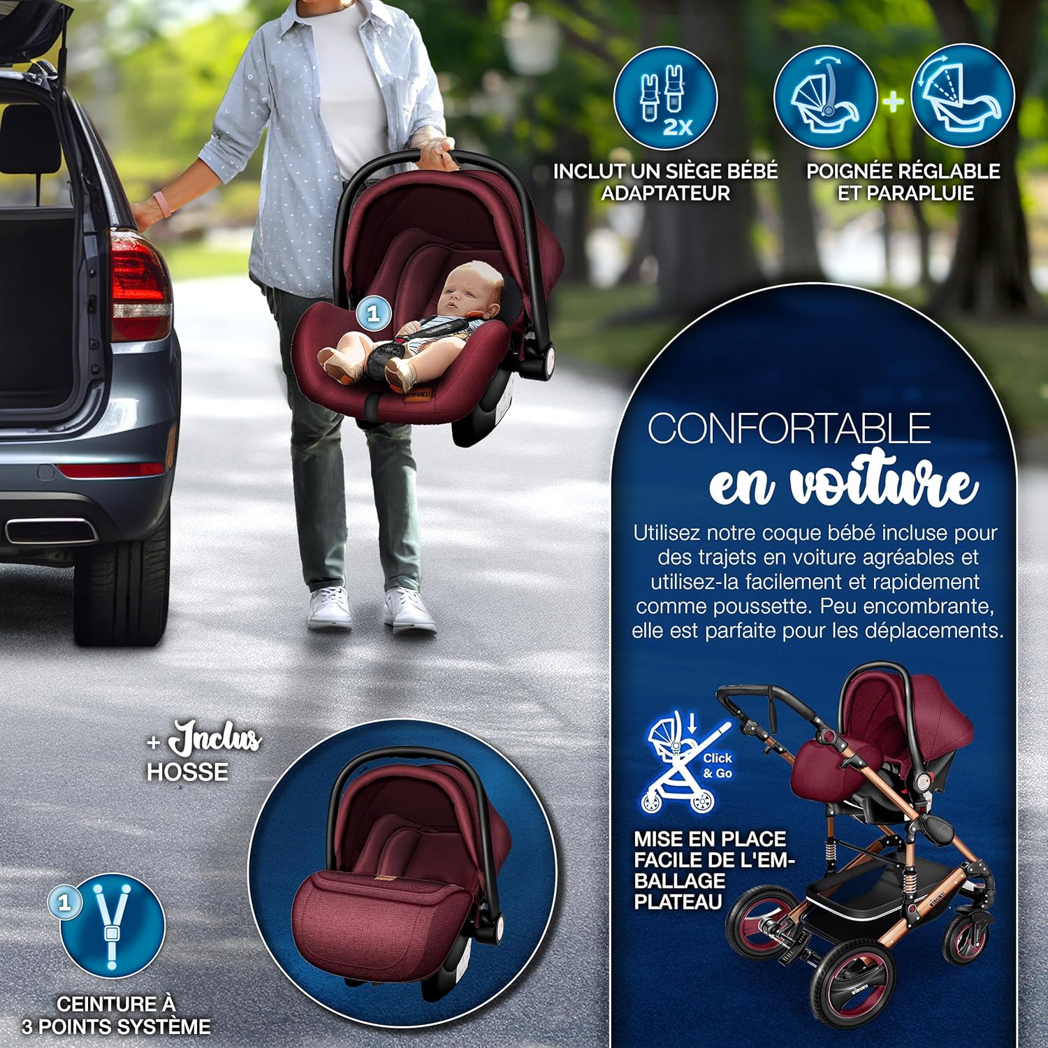 KIDUKU® Poussette Combinée 3 en 1 | Trio pour Enfants | Siége Auto Légère, Piable | Nacelle Souple Convertible | Set de Voyage (Noir/Champagne)
