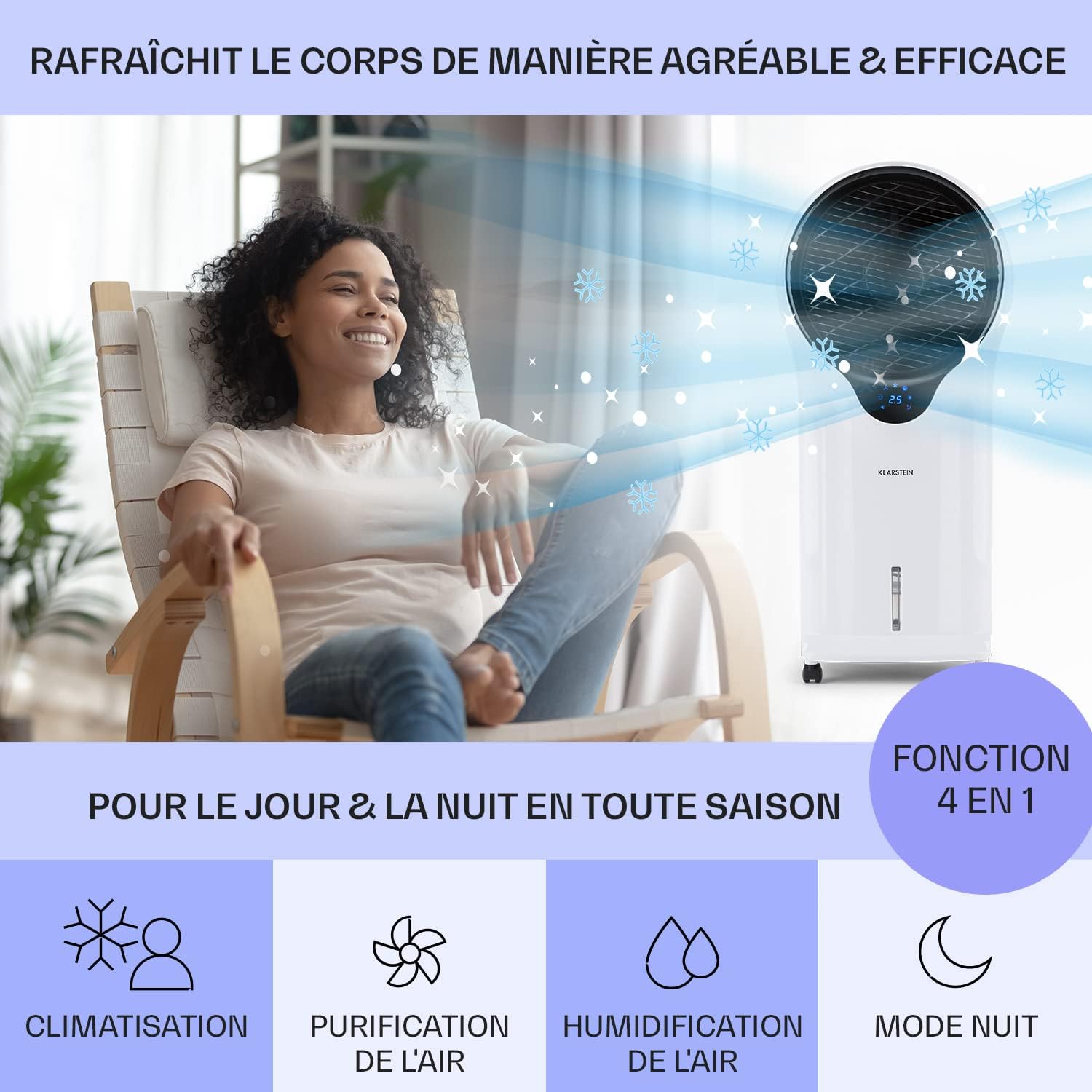 Klarstein Climatiseur Mobile 3 en 1, Climatiseur Portable avec Humidificateur, Ventilateur, Climatiseur Mobile Sans Évacuation, 2 Pack Glacons, Minuterie, 3 Modes, 90W, Puissant Débit d'Air 1600m³/h
