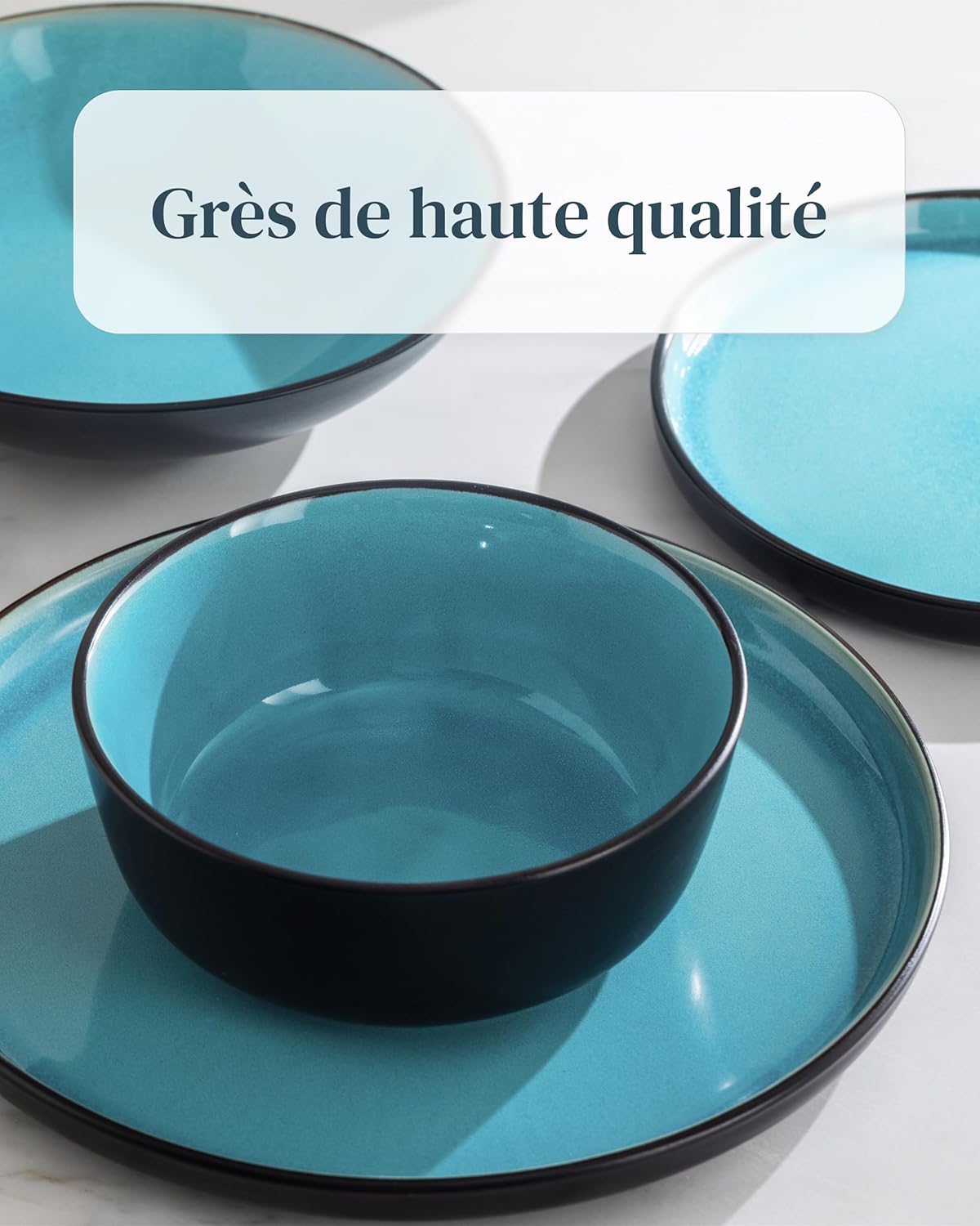 Service de Vaisselle en Grès Ibiza 36 pièces –Ensemble de Vaisselle pour 12 Personnes, Adapté au Lave-Vaisselle et au Micro-Ondes, Pure Living bleu fumé, Assiettes Service de Table