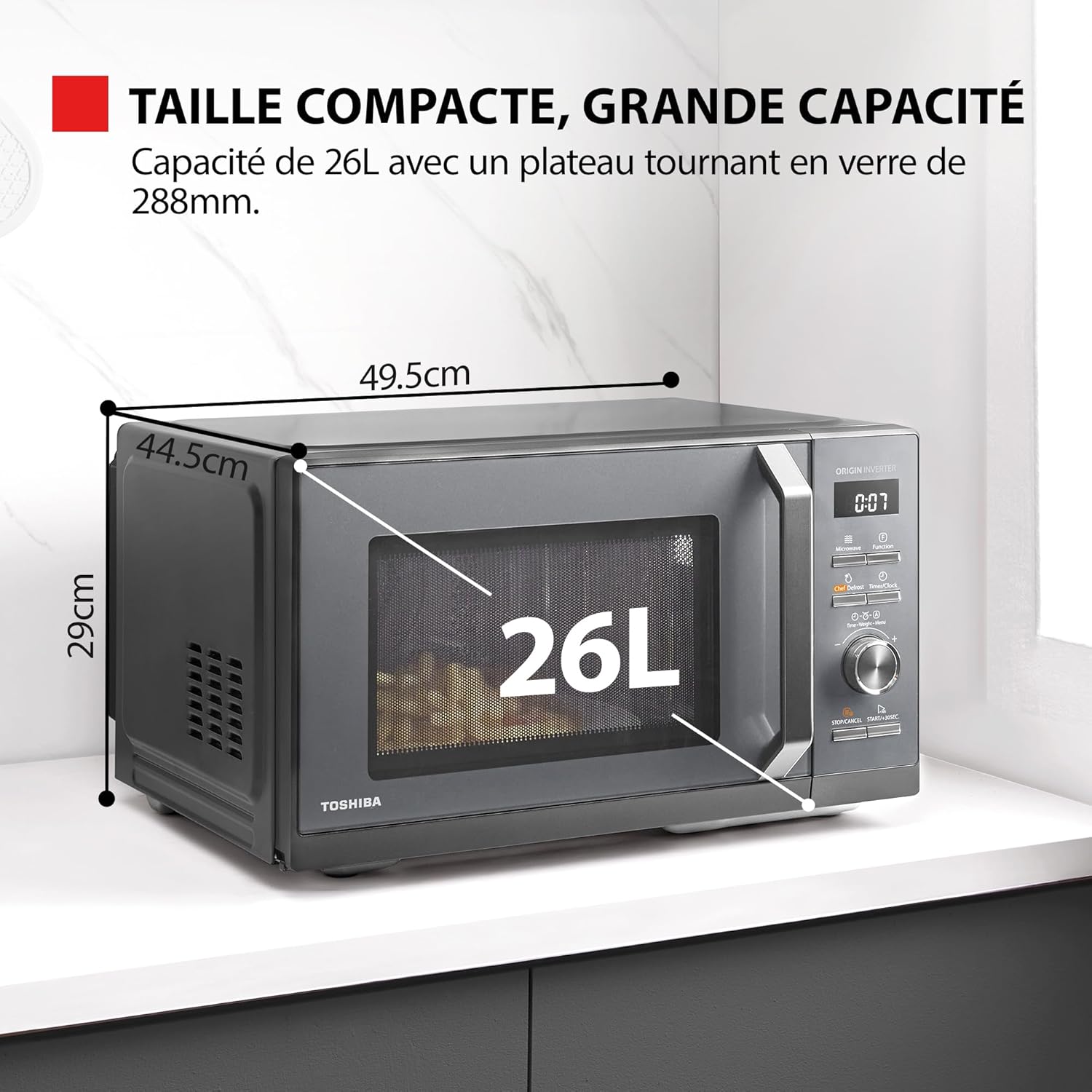 Toshiba MW3-AC26PFI(MG) Four à Micro-ondes 26L Air chaud combiné, 6-en-1 900W avec Cuiseur Vapeur en Gris Morandi, 6 Programmes 10 Niveaux de Puissance, 10 Menus Automatiques