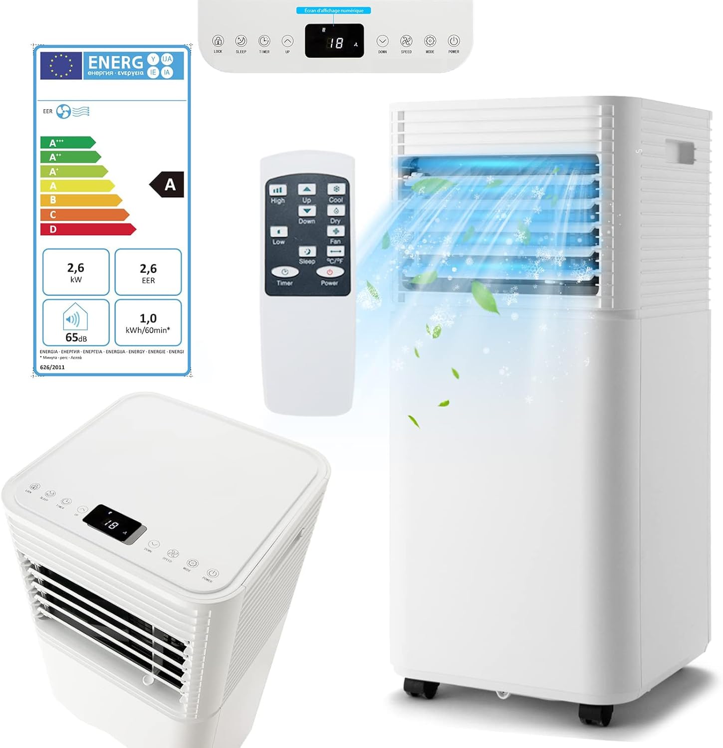 RELAX4LIFE Climatiseur Mobile Silencieux 9000BTU, Climatiseur Portable 4 en 1, Refroidisseur d'Air, Ventilateur, Déshumidificateur, Mode Nuit, 15-20㎡, Télécommande, Minuterie 24H, Classe Energie A