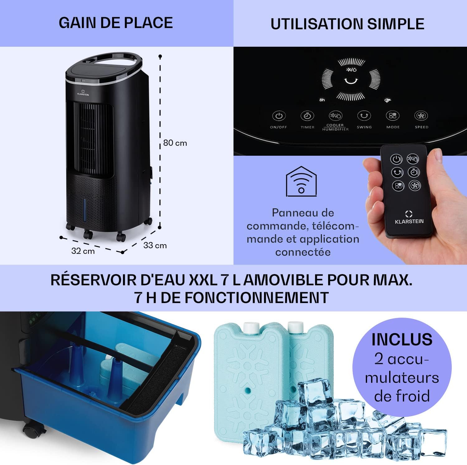 Klarstein Rafraichisseur d'Air 4 en 1, Climatiseur Portable Smart APP Mobile, Humidificateur, Ventilateur, Sans Évacuation 65W, Pack Glacons, Mode Nuit, Puissant Débit d'Air 330m³/h