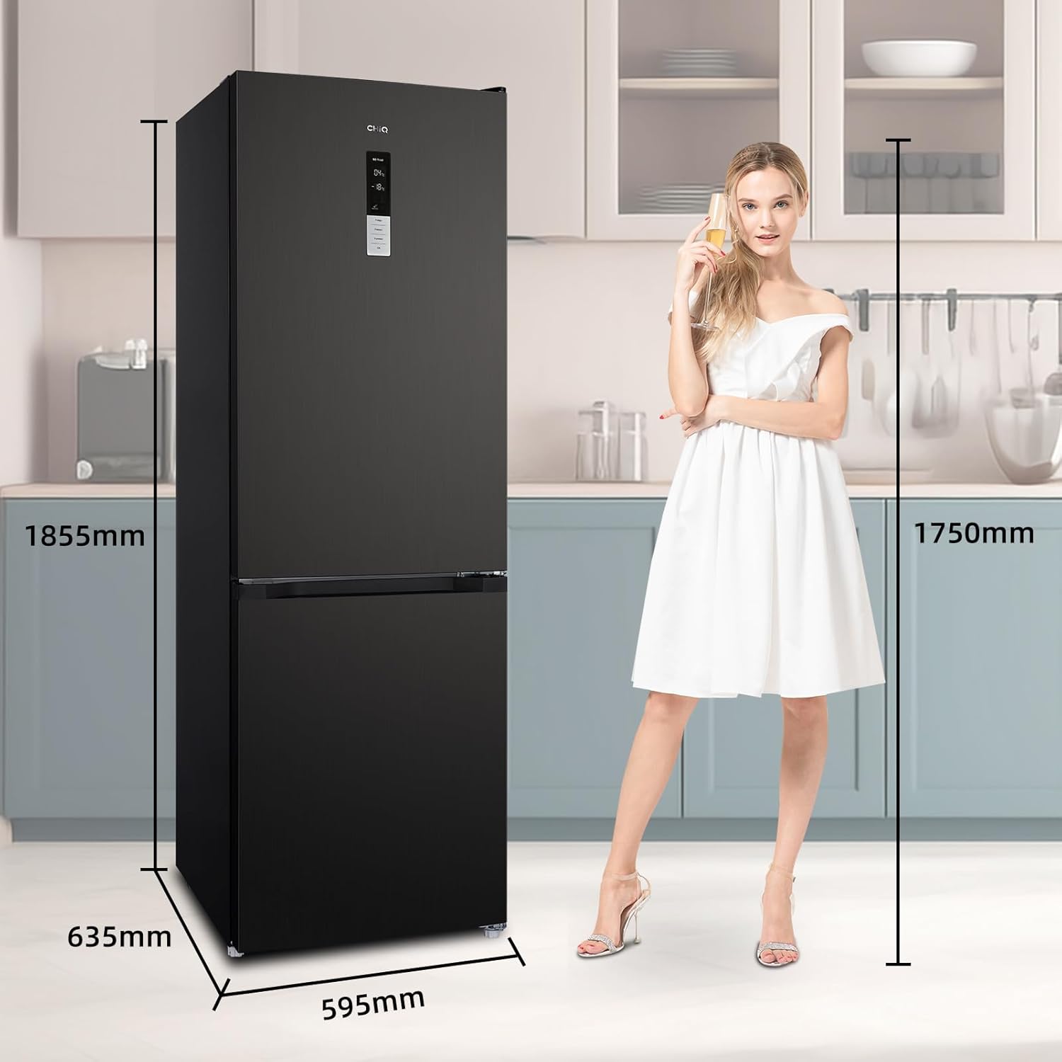 CHIQ Réfrigérateur autoportant 317L à Inverter, 322 l, sans givre, flux d'air multiple, congélation rapide, électronique tactile, compresseur avec garantie de 12 ans, efficacité améliorée, noir