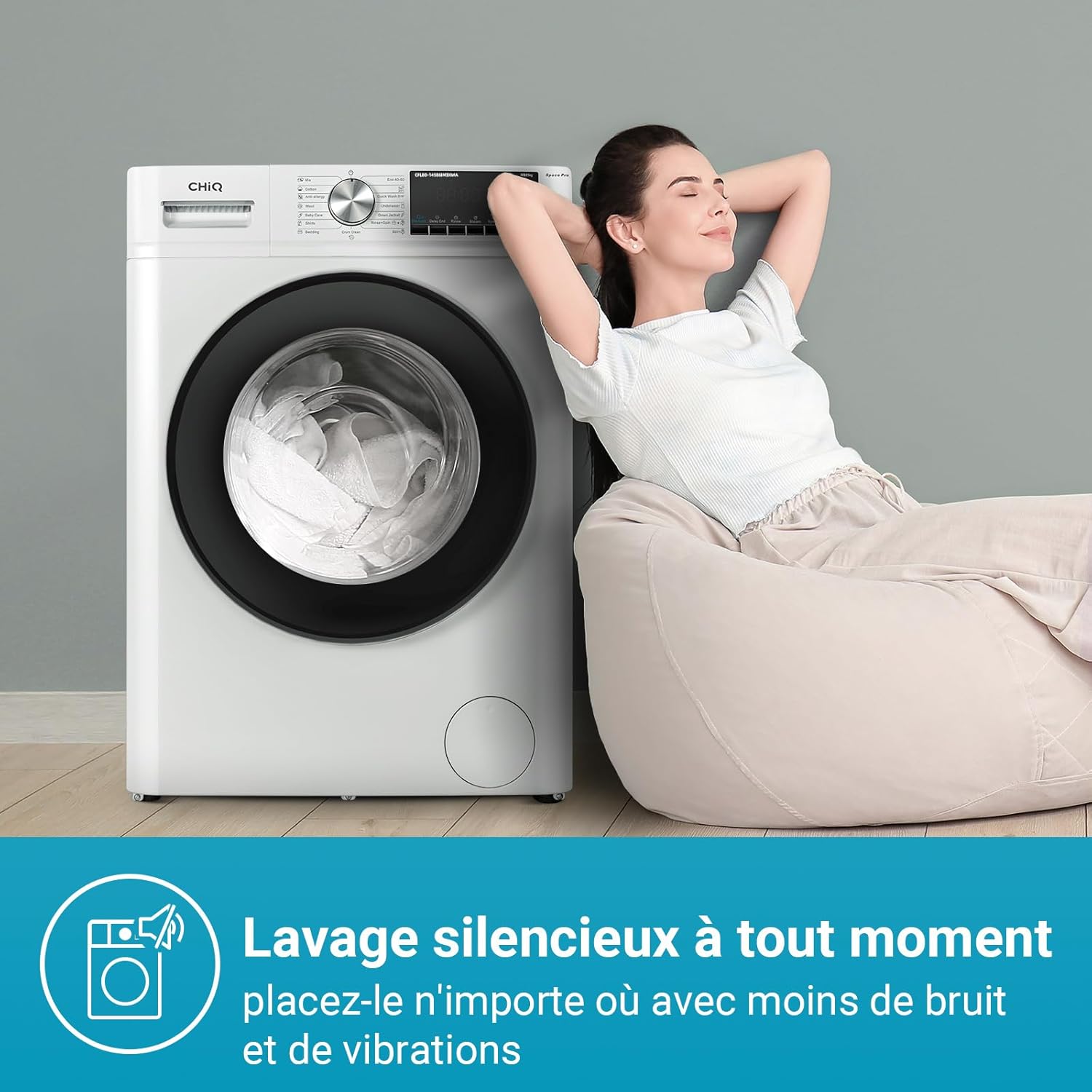 CHiQ Lave-linge à chargement frontal 10kg CFL100-14586IM3XWA,Space Pro,Moteur Inverter stable,1400 tr/min, Programme intelligent à IA,Fonction vapeur,Lavage rapide 15 minutes,15 cycles lavage,Blanc