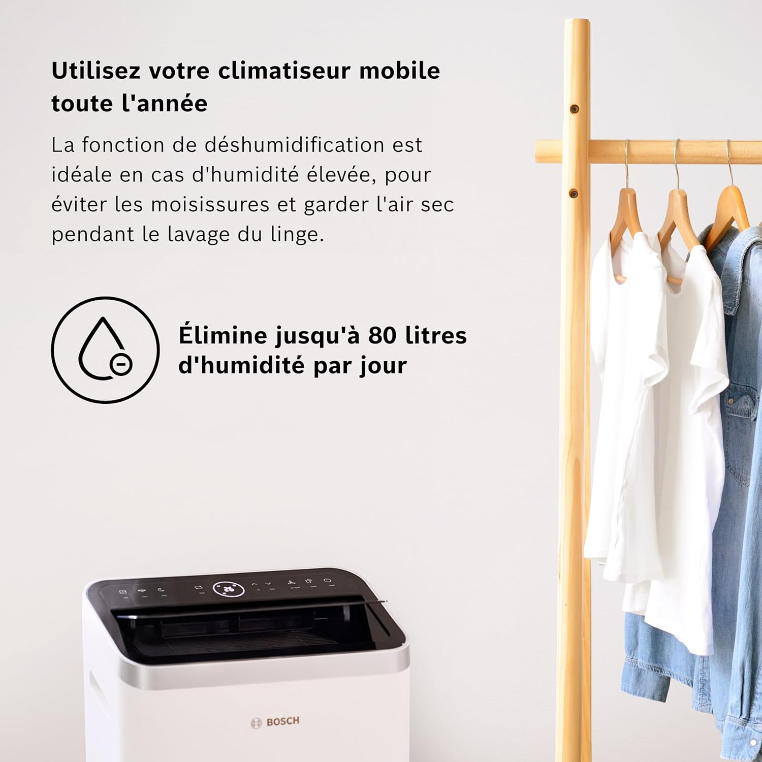 Bosch Cool 5000 Portable AC - 3 en 1 : Climatiseur, Déshumidificateur, Ventilateur - 3,5kW, PAC pour les pièces jusqu'à 35m² - Avec mode automatique, mode silencieux et mode veille