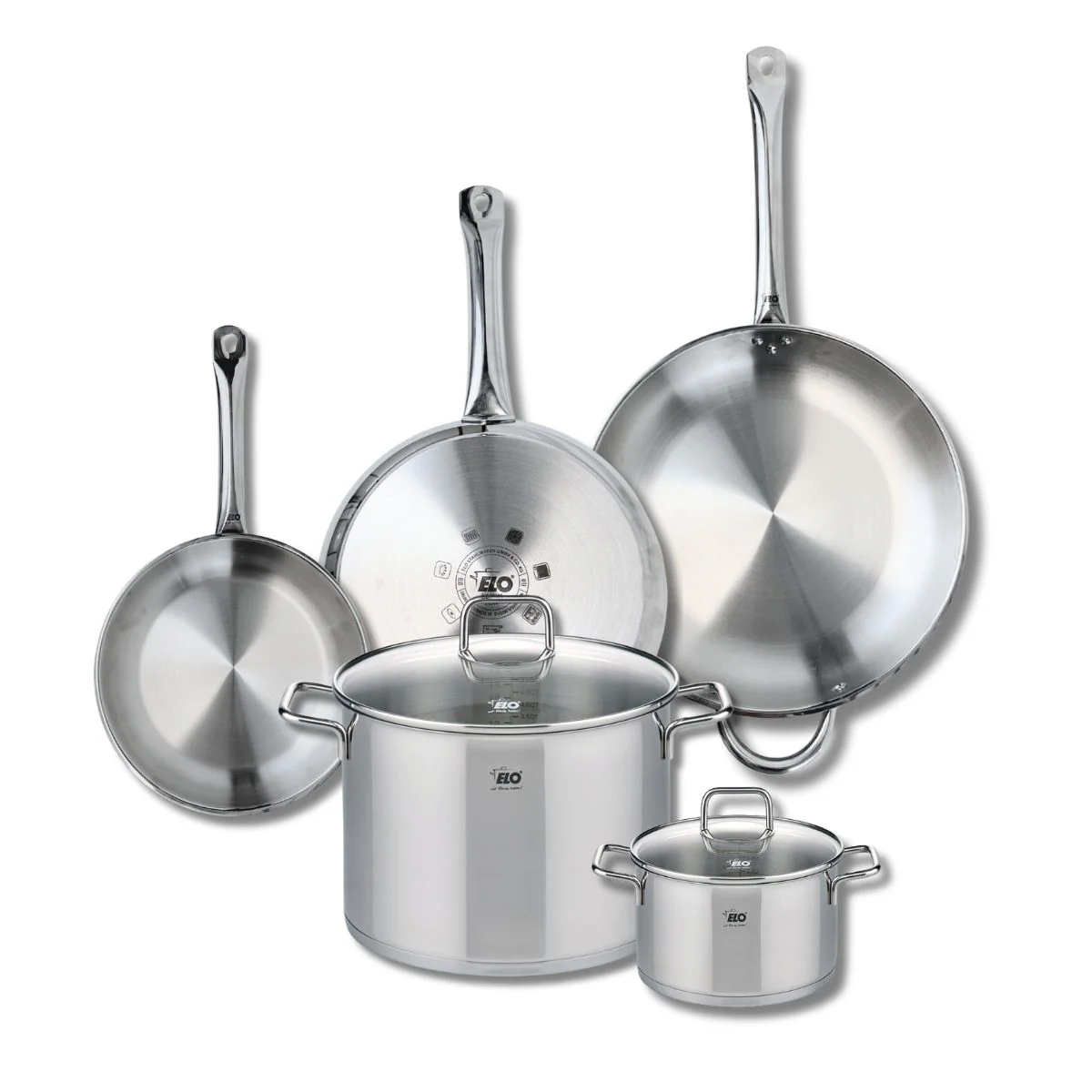 Ensemble de 3 Poêles de cuisson 24, 28 et 32 cm et 2 faitouts 16 et 26 cm Elo Profi Citrin Elo