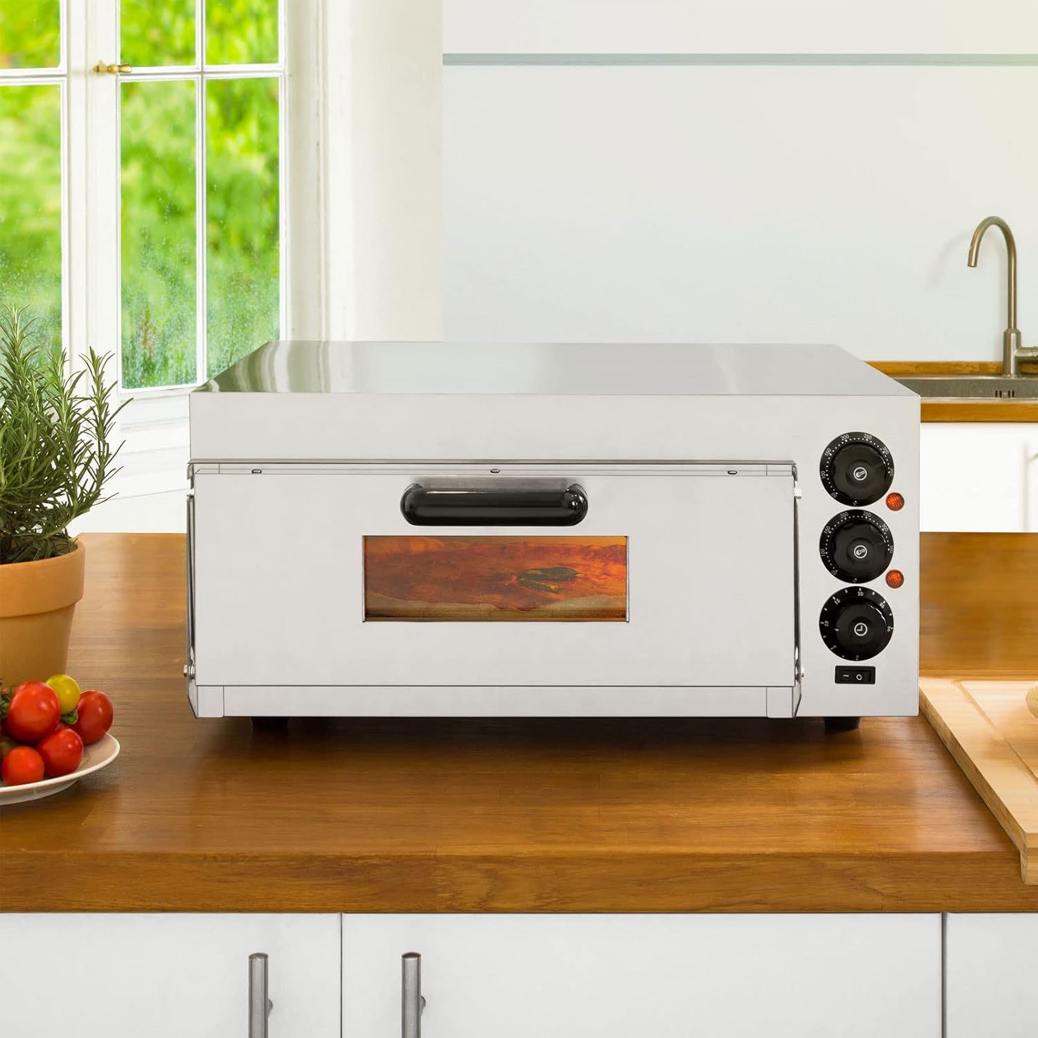 VERTES Four à Pizza électrique, Deux Etages, 3000W, Pierre réfractaire four, Chaleur de voûte et de Sole réglable indépendamment jusqu'à 350°C, Fonction minuterie, four double cavité, Acier INOX