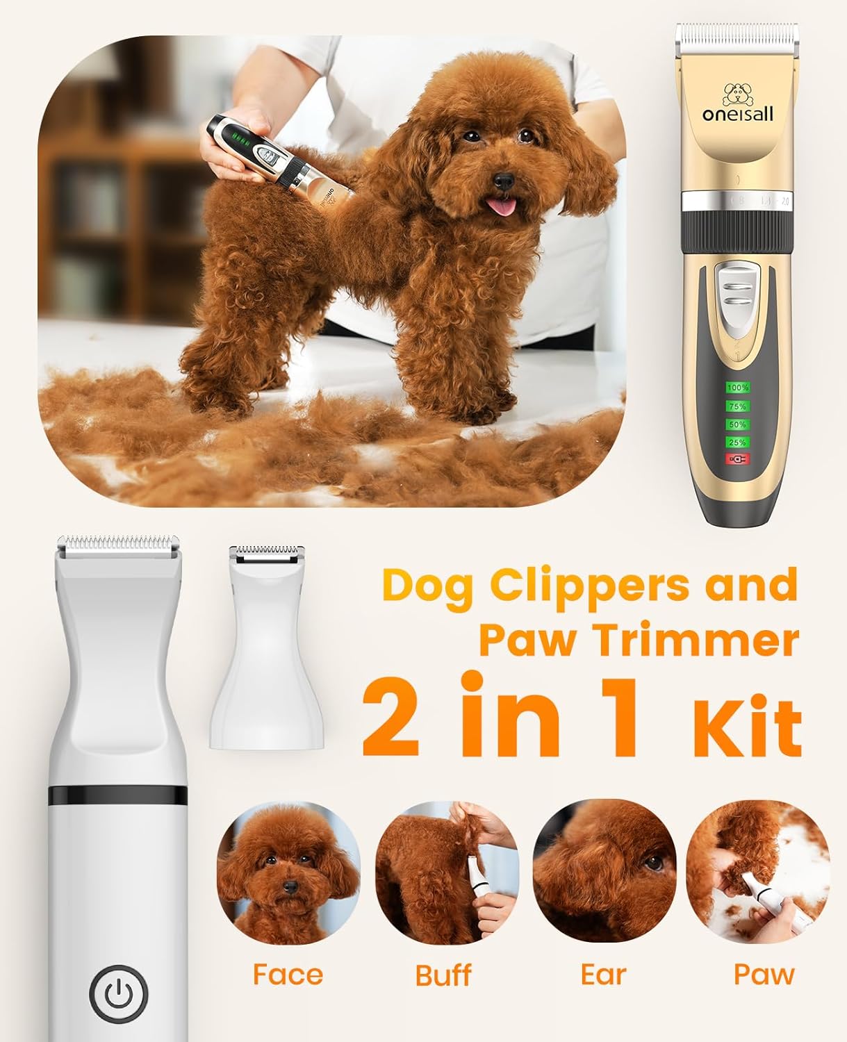 oneisall Tondeuse pour chien et pattes de chien 2 en 1 à faible bruit sans fil pour le toilettage des poils d'animaux de compagnie pour petite et grande taille, chats, animaux