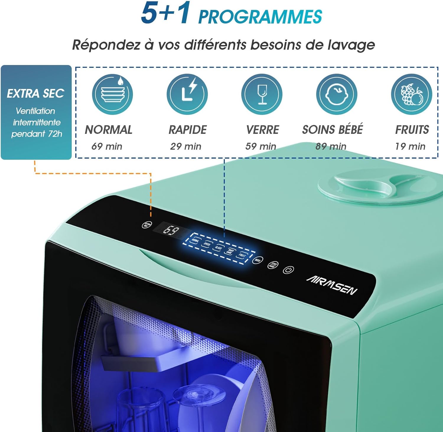 AIRMSEN Mini Lave-Vaisselle de Comptoir, 5+1 Programmes, Réservoir d'Eau de 5L, Contrôle Tactile et Écran LED, Adapté pour les Cuisines Familiales, Appartements et Dortoirs, Blanc et noir