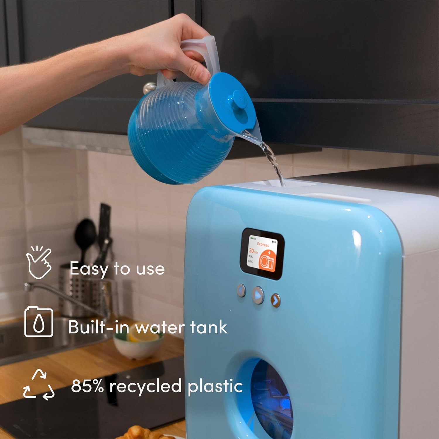 DAAN TECH Bob - Lave-vaisselle Compact 3 Couverts Encastrable - Pose Libre, Avec Réservoir, Portable - Séchage Naturel - Assiette 29 cm - Label Origine France Garantie, Eco-Conçu (Blanc-Rouge)