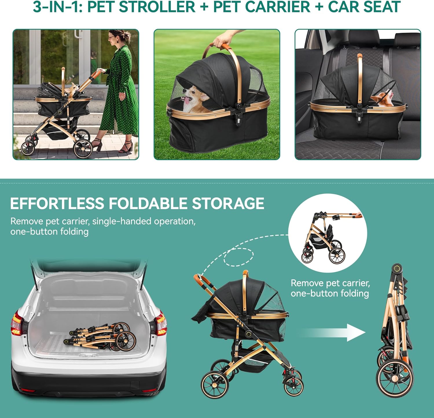 YITAHOME Poussette Chien 3-en-1, Poussette pour Chien Chat, Poussette Chien Tout Terrain, Voyage Transporteur Amovible, Pliable Portable Landau pour Animaux (Noir)