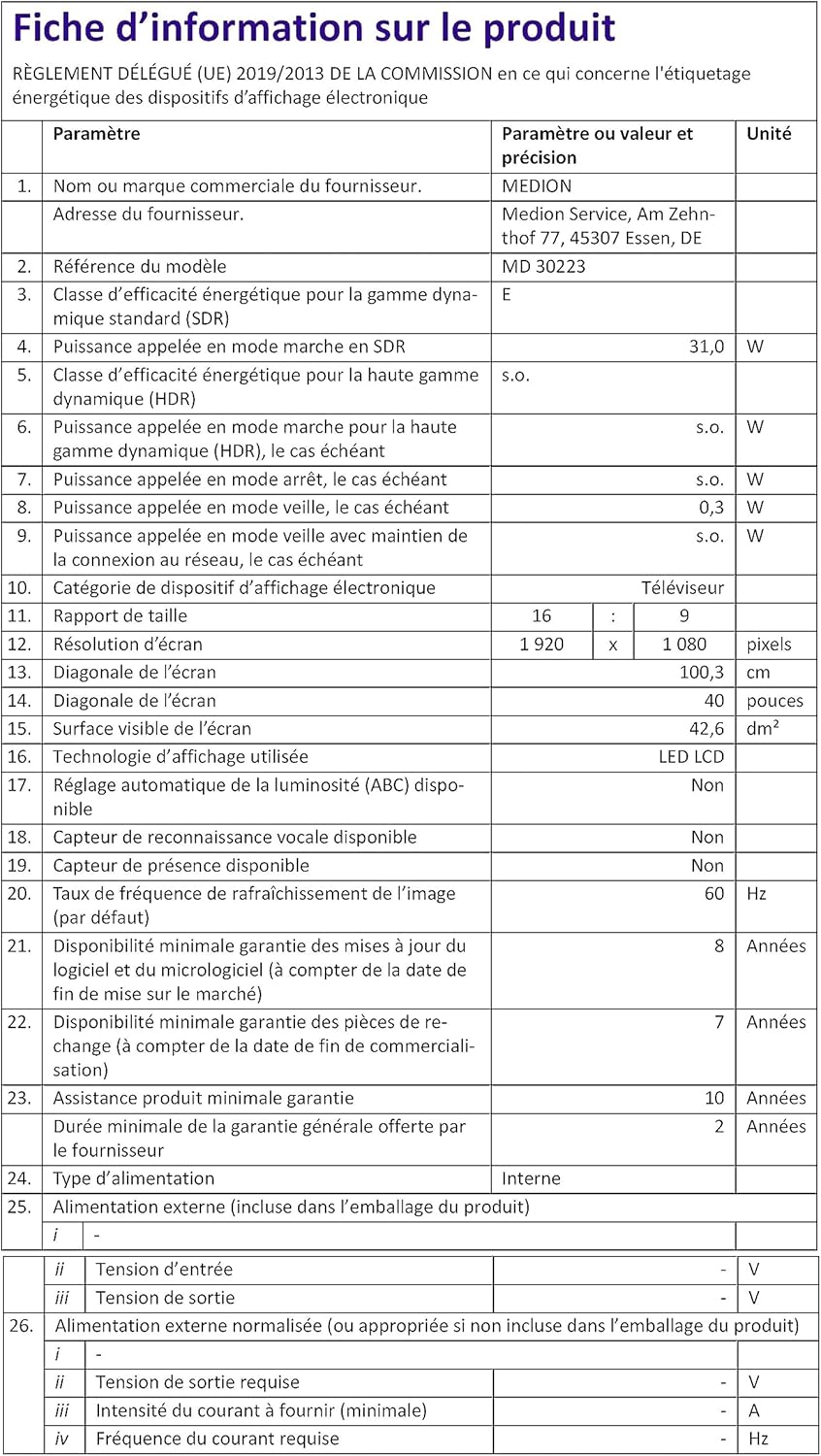 MEDION E14080 (MD 30224) Téléviseur Full HD 100,3 cm (40 Pouces) (Lecteur DVD intégré, récepteur Triple Tuner DVB-T2 DVB-C DVB-S2, 2 x HDMI, VGA, USB, Mediaplayer, CI+)
