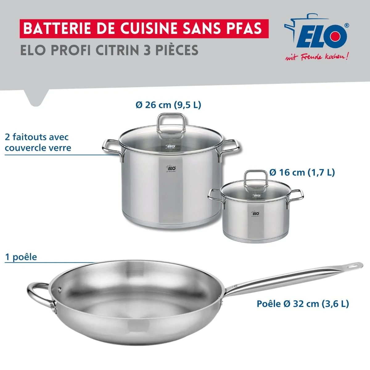 Ensemble de 1 Poêle de cuisson 32 cm et 2 faitouts 16 et 26 cm Elo Profi Citrin Elo