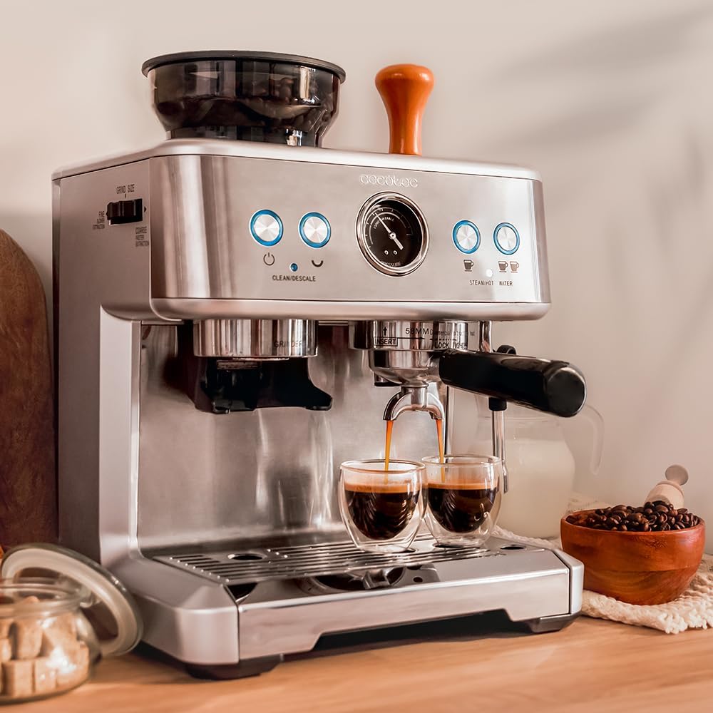 Cecotec Machine à café Express Power Espresso 20 Barista Cream. 2 Thermoblocks, 20Bars, Manomètre, Mode Auto pour 1 et 2 Café(s), Buse vapeur Orientable, Conduit pour Infusions, 2900W.