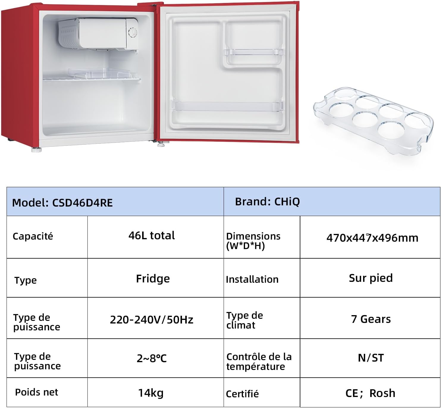 CHIQ Réfrigérateur vertical à une porte,126 L, encombremen 0,31 ㎡, Porte réversible, Tiroir à légumes, Étagères coulissantes, Faible niveau sonore 39 dB, Éclairage à DEL, Noir CSF120BE