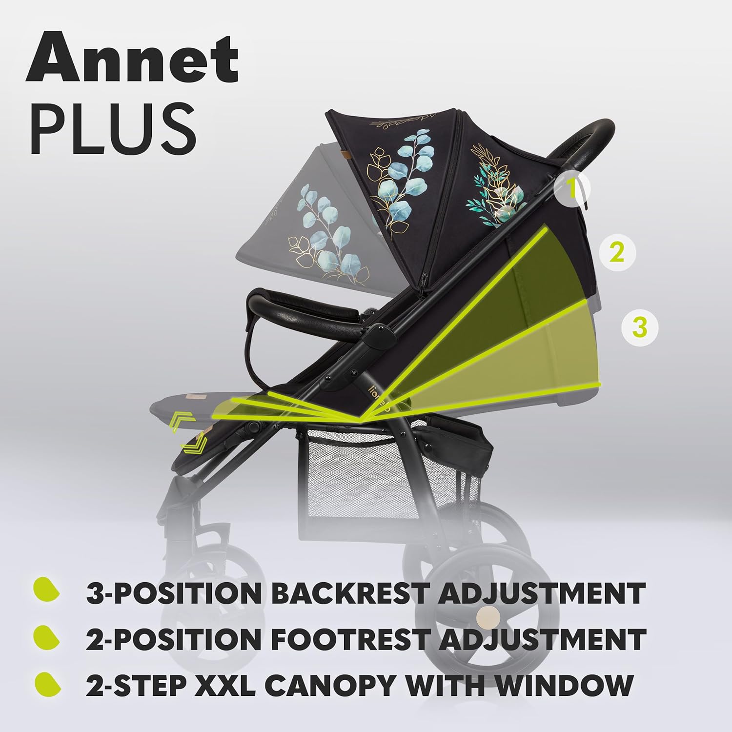 LIONELO Annet Plus poussette bebe à 22 kg, auvent avec fenêtre, roues EVA, chancelière moustiquaire porte-gobelet, réglage du dossier jusqu’à la position couchée (Dreamin, PLUS)