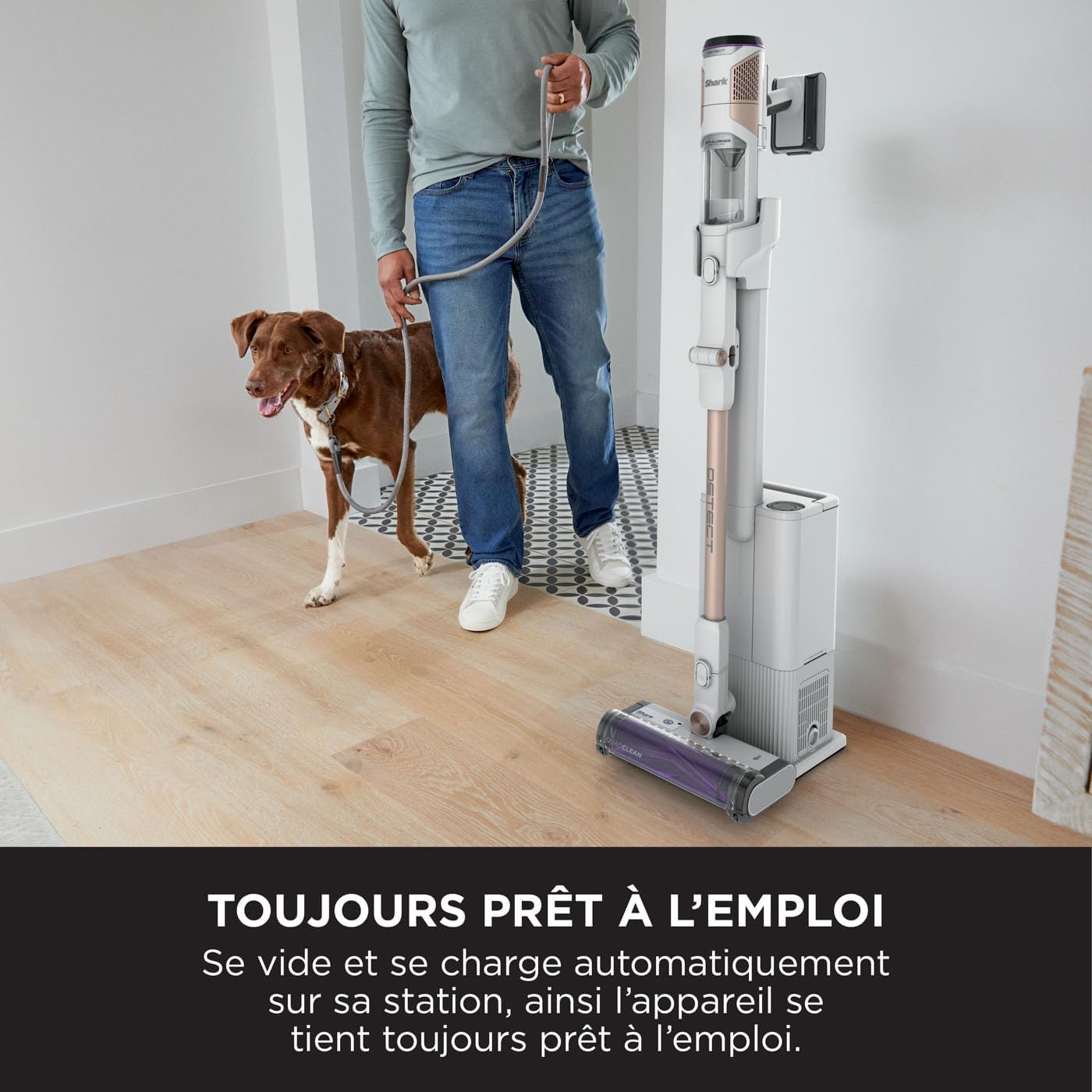 Shark Clean & Empty Aspirateur sans fil, système vidange automatique, aspirateur léger anti-poils avec outils animaux et interstices, autonomie 40 minutes, station de chargement, blanc/bleu, BU3521EU