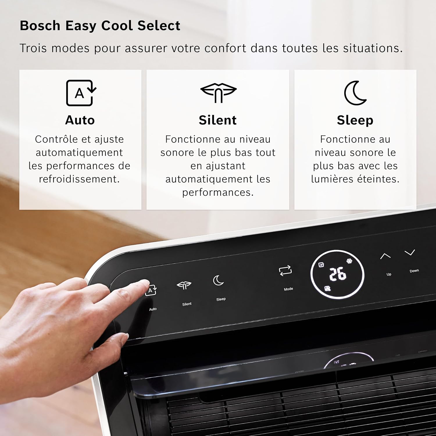 Bosch Cool 4000 Portable AC - 3 en 1 : Climatiseur, Déshumidificateur, Ventilateur - 2,6 kW pour les pièces jusqu'à 35m² - Avec Mode Auto, Mode Silencieux et Mode Veille (48 db (A)) [Classe A+]