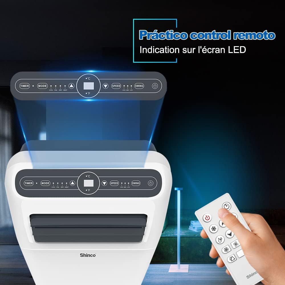 SHINCO Climatiseur mobile, 7000 BTU 2,05kW, Refroidir&Ventilation&Déshumidification, taille de la pièce jusqu'à 54m³(18㎡), Climatiseur mobile avec tuyau d'évacuation et tuyau de vidange, mode sommeil