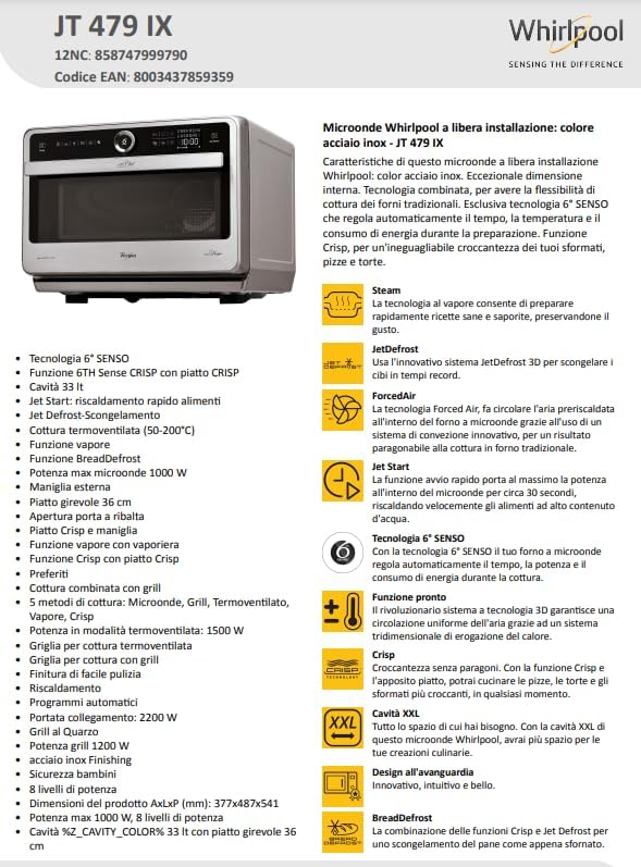Whirlpool JT479IX Micro-ondes 33 L Noir, Argent