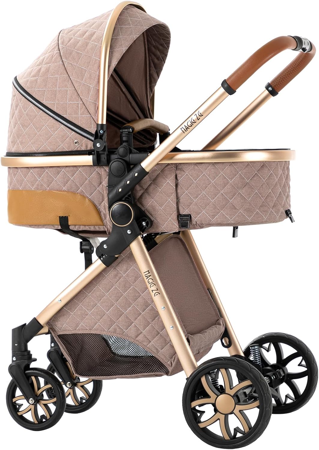 Magic ZC Poussette 3 en 1, Poussette Bebe avec Conception Portable Pliable en Un Clic, Pousette 3 en 1 avec Poussée Réversible Bidirectionnelle, Poussette Trio avec Accessoires (black gold 588)