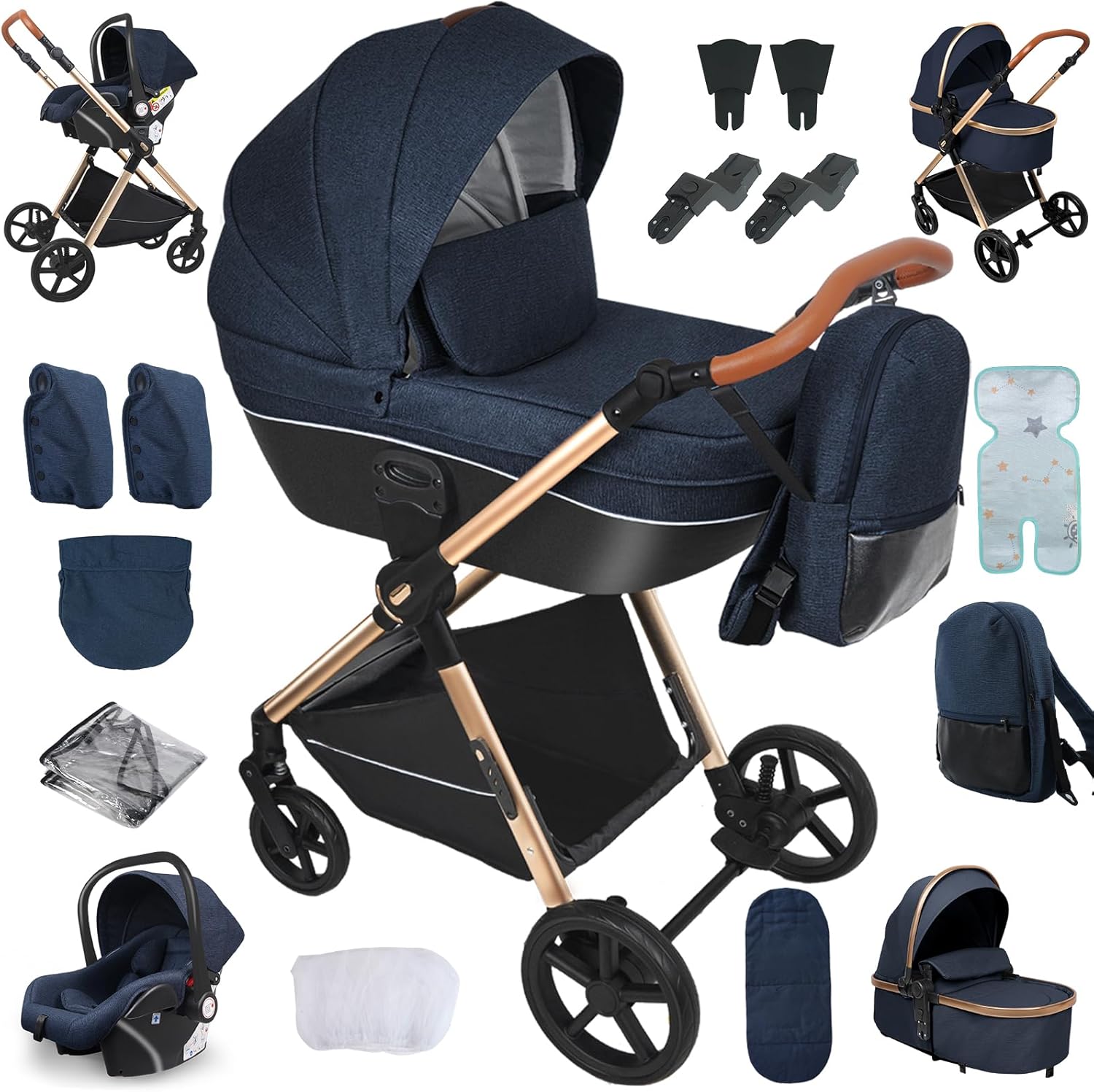 NADDLILY Poussette 3 en 1, Poussette Bebe avec Conception Portable Pliable en Un Clic, Pousette 3 en 1 avec Poussée Réversible Bidirectionnelle, Poussette Canne avec Accessoires (V9 Black)