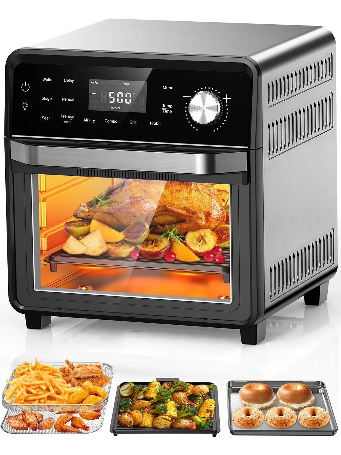 Nuwave Smart Air Fryer Oven with POWERPORT™ Plug-In Grill for Dual-Zone Efficient Cook, 100 in 1 Advanced Convection Toaster Oven Countertop w/Insulated 2-Glass Door, 550°F Preheat, Stainless Steel