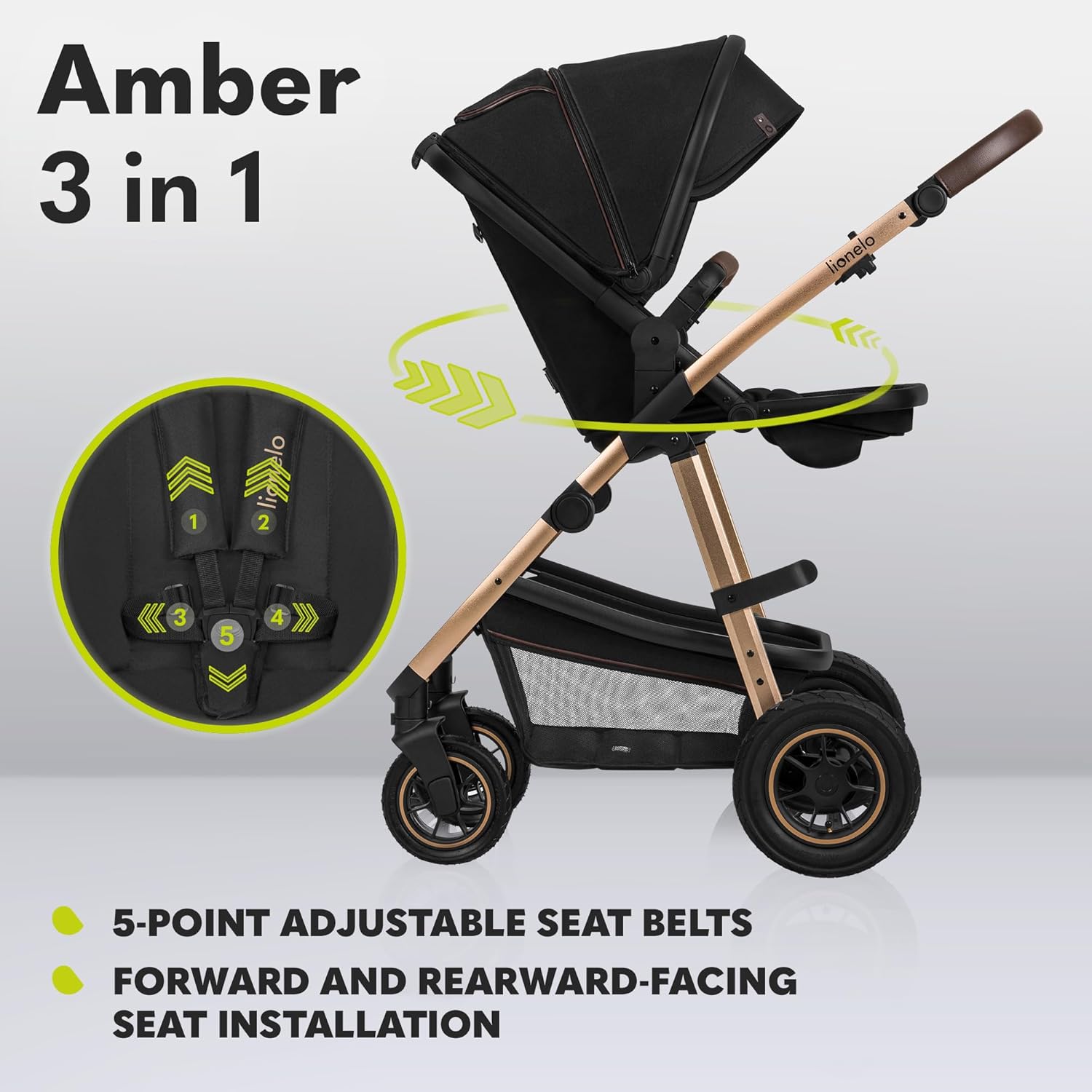 LIONELO Amber 3 in 1 poussette multifonctionnellle, landau, ensemble poussette avec siège sport et nacelle fixe, sac, moustiquaire, couvrir, feuille de pluie mit siege auto