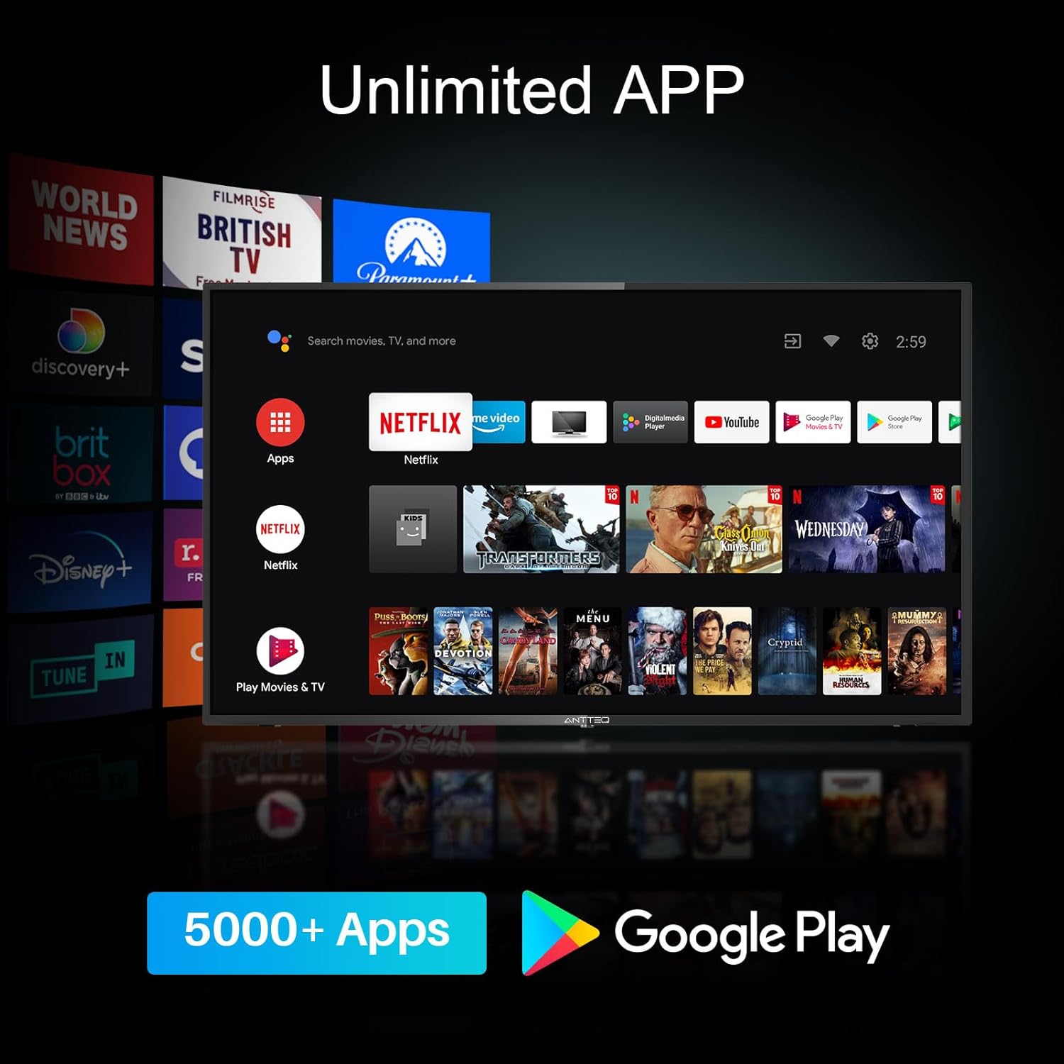 Antteq AB42D1 télévision 42 Pouces (TV 107 cm), Dolby Audio, LED, Triple Tuner DVB-C / T2 / S2, CI+, HDMI, Lecteur multimédia Via USB, Sortie Audio numérique, y Compris Mode hôtel