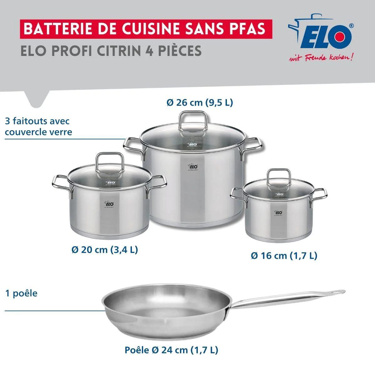Ensemble de 1 Poêle de cuisson 24 cm et 3 faitouts 16, 20 et 26 cm Elo Profi Citrin Elo