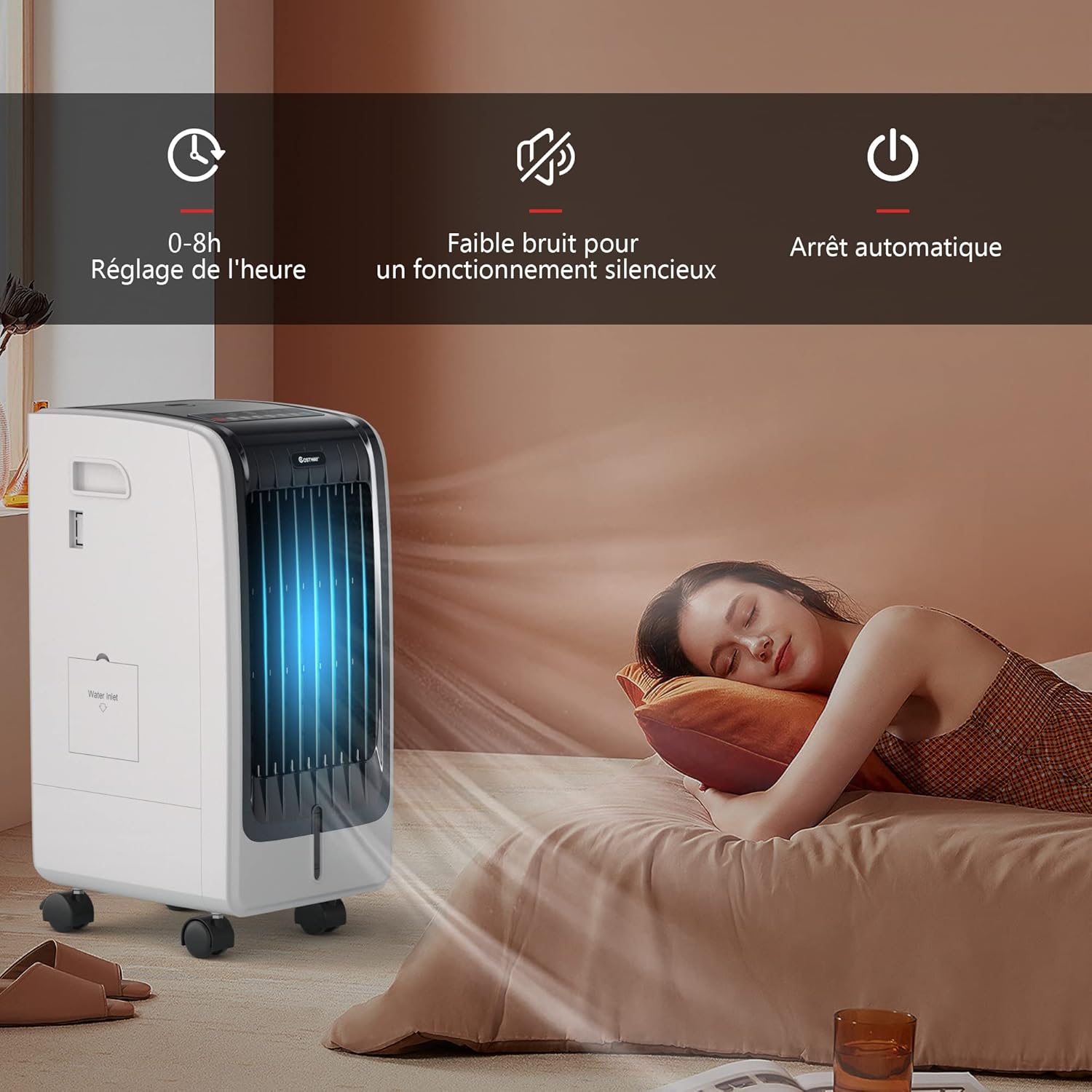RELAX4LIFE Rafraîchisseur d’Air Mobile avec Humidificateur et Purificateur, 3 Mode de Vitesse, Climatiseur avec Réservoir d'Eau 8L et Filtre Amovible et Lavable pour Chambre, Bureau, Salon