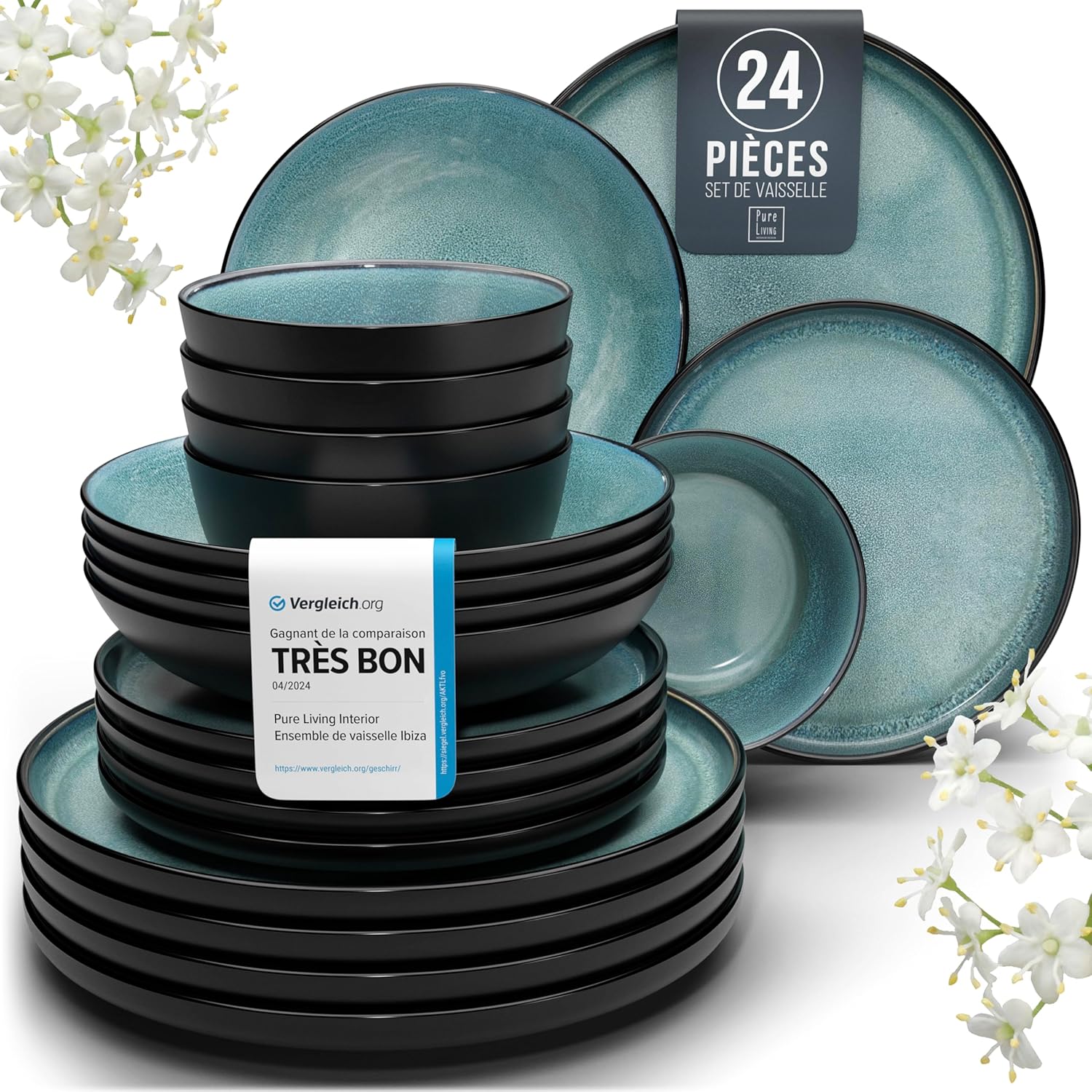 Service de Vaisselle en Grès Ibiza 36 pièces –Ensemble de Vaisselle pour 12 Personnes, Adapté au Lave-Vaisselle et au Micro-Ondes, Pure Living bleu fumé, Assiettes Service de Table