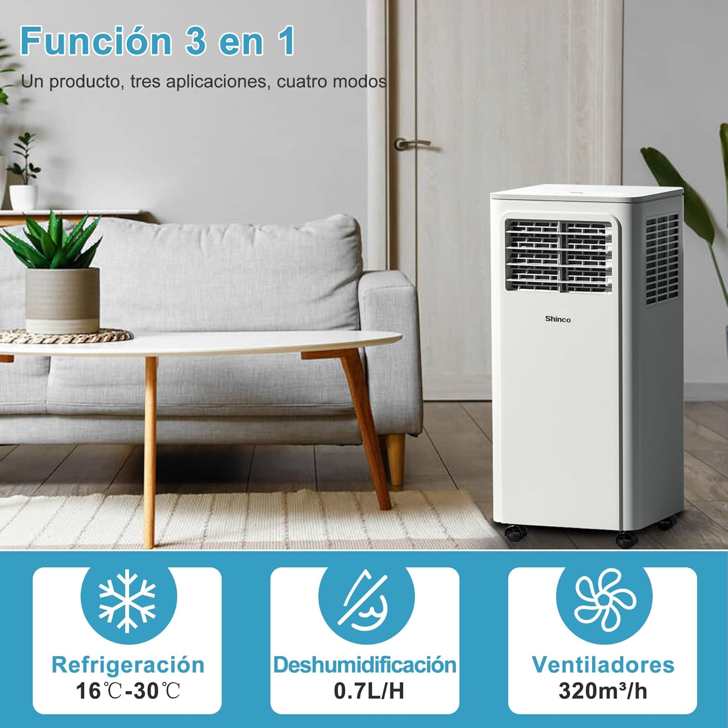SHINCO Climatiseur mobile, 7000 BTU 2,05kW, Refroidir&Ventilation&Déshumidification, taille de la pièce jusqu'à 54m³(18㎡), Climatiseur mobile avec tuyau d'évacuation et tuyau de vidange, mode sommeil