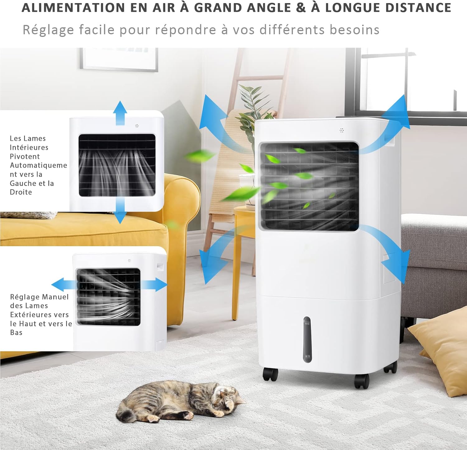 RELAX4LIFE Rafraîchisseur d’Air Mobile avec Humidificateur et Purificateur, 3 Mode de Vitesse, Climatiseur avec Réservoir d'Eau 8L et Filtre Amovible et Lavable pour Chambre, Bureau, Salon