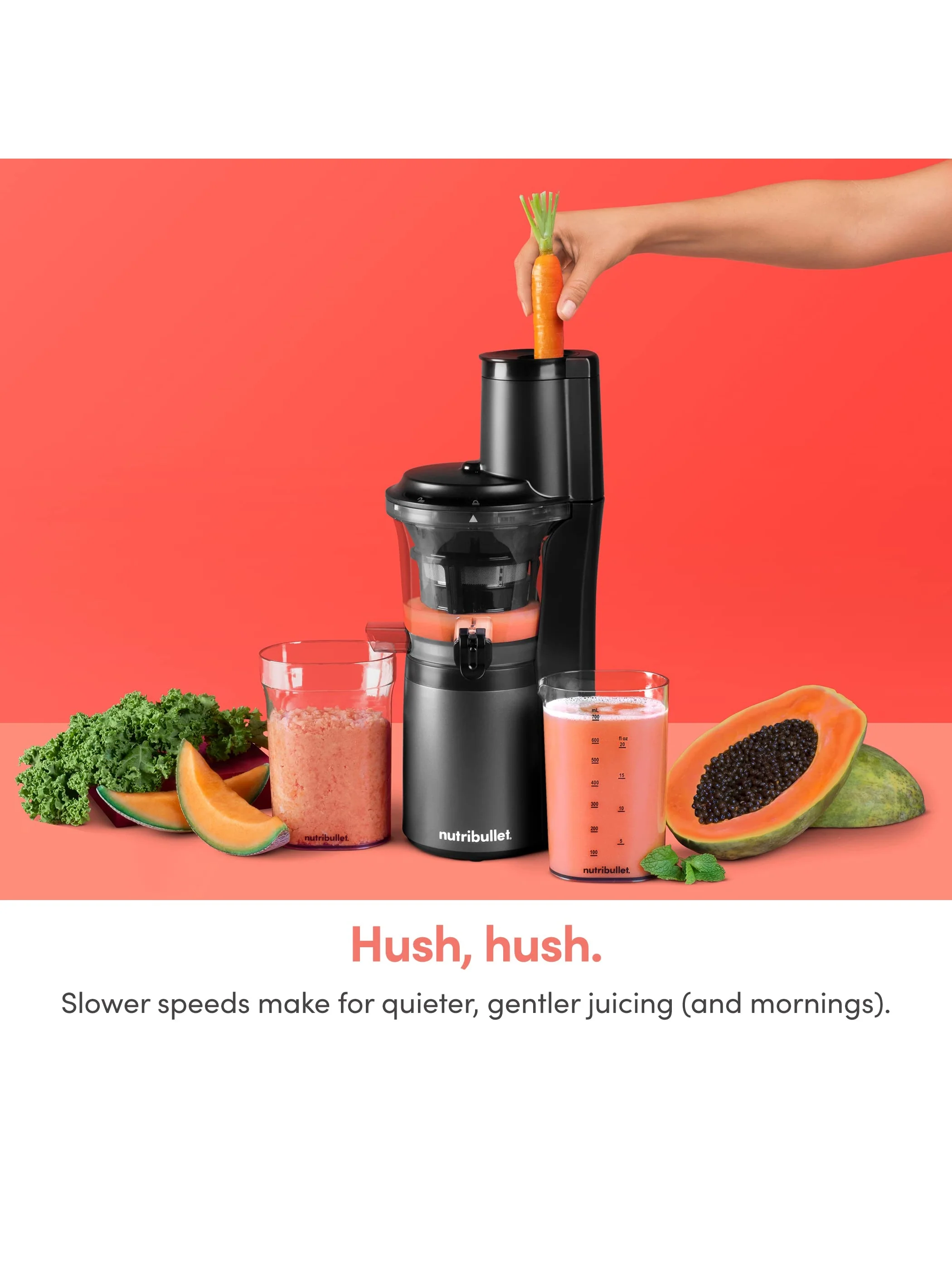 nutribullet Slow Juicer, Slow Masticating Juicer Machine, Easy to Clean, Quiet Motor & Reverse Function, BPA-Free, Cold Press Juicer with Brush, 150 Watts, Charcoal Black, NBJ50300, 24-oz