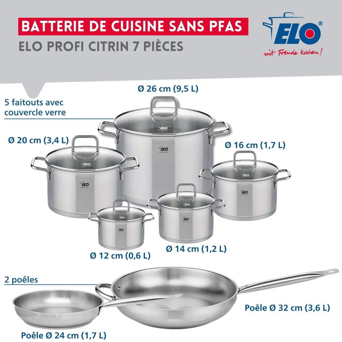 Ensemble de 2 Poêles de cuisson 24 et 32 cm et 5 faitouts 12, 14, 16, 20 et 26 cm Elo Profi Citrin Elo