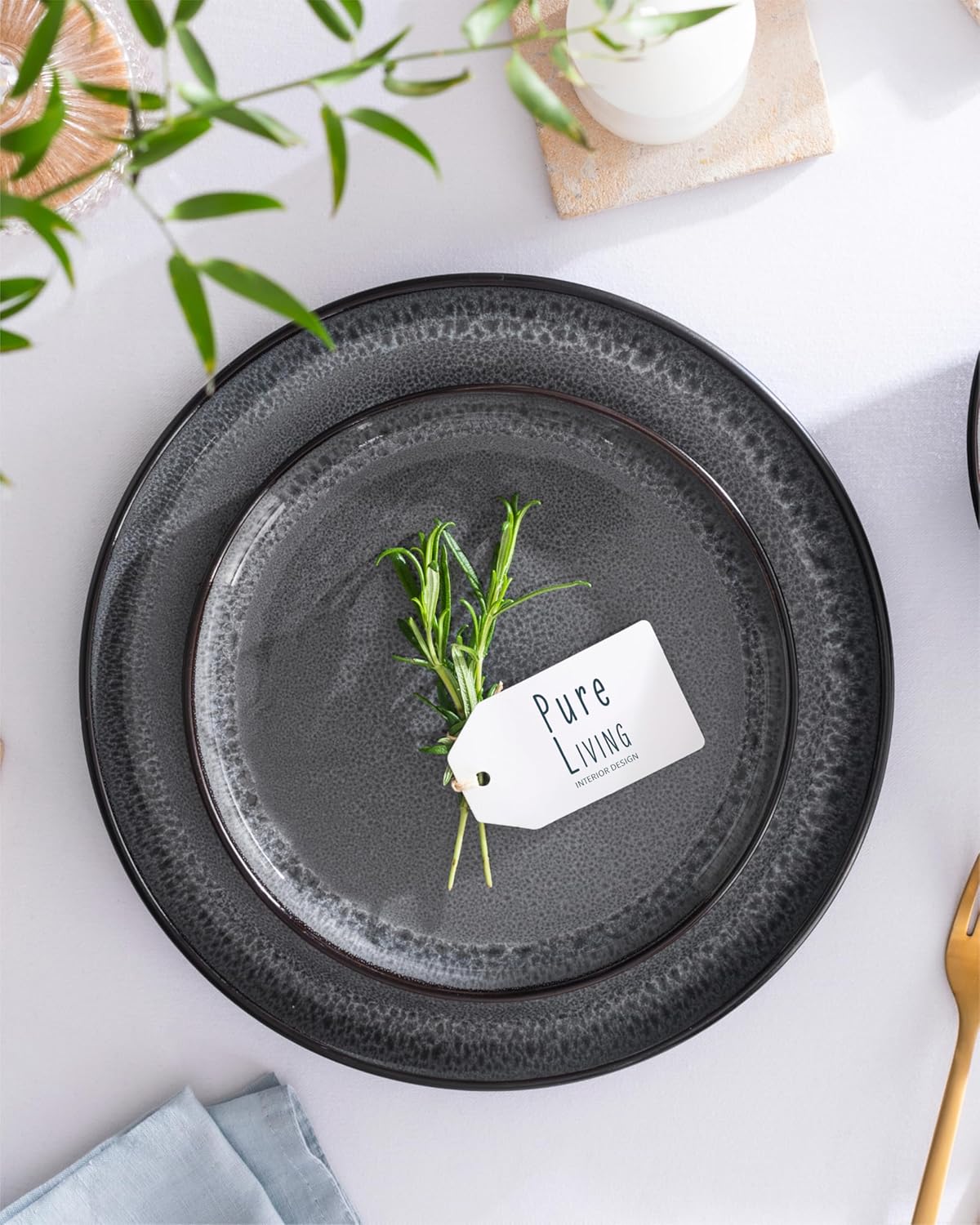 Service de Vaisselle en Grès Ibiza 36 pièces –Ensemble de Vaisselle pour 12 Personnes, Adapté au Lave-Vaisselle et au Micro-Ondes, Pure Living bleu fumé, Assiettes Service de Table